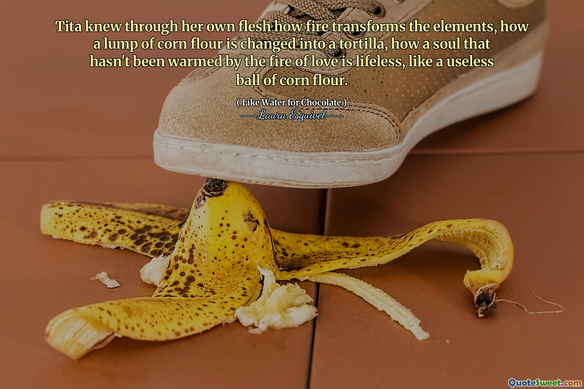 Tita wusste durch ihr eigenes Fleisch, wie Feuer die Elemente verwandelt, wie ein Klumpen Maismehl in eine Tortilla verwandelt wird, wie eine Seele, die nicht vom Feuer der Liebe erwärmt wurde, leblos ist, wie ein nutzloser Ball aus Maismehl.