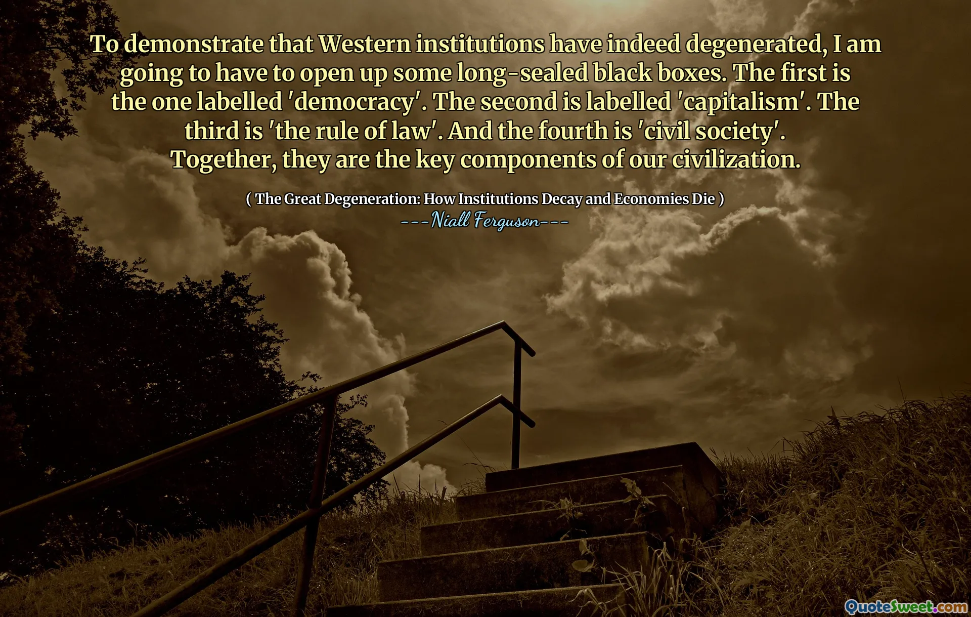 To demonstrate that Western institutions have indeed degenerated, I am going to have to open up some long-sealed black boxes. The first is the one labelled 'democracy'. The second is labelled 'capitalism'. The third is 'the rule of law'. And the fourth is 'civil society'. Together, they are the key components of our civilization.