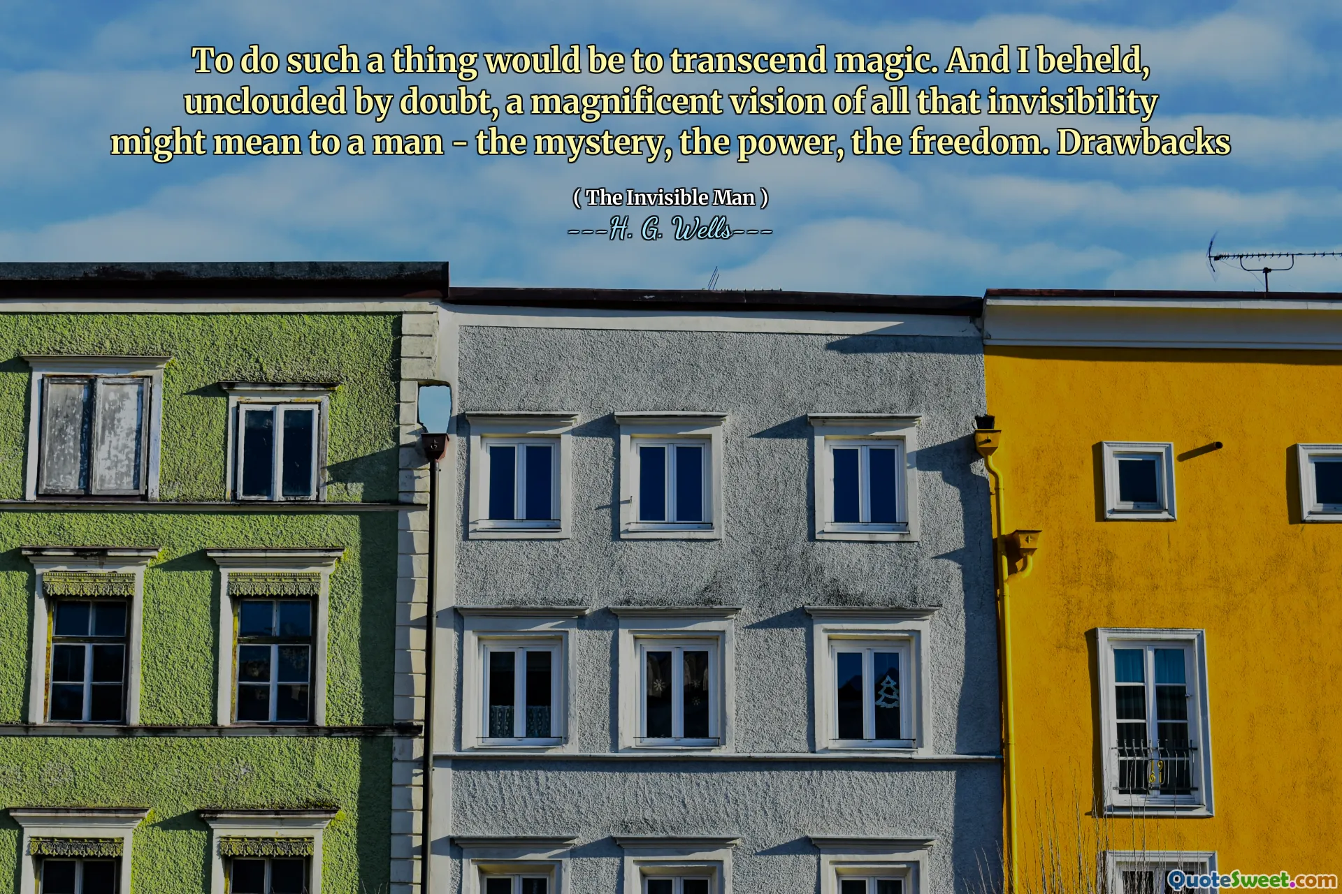 To do such a thing would be to transcend magic. And I beheld, unclouded by doubt, a magnificent vision of all that invisibility might mean to a man - the mystery, the power, the freedom. Drawbacks