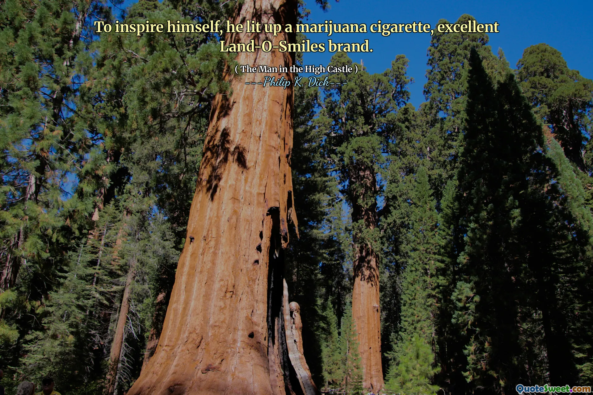 För att inspirera sig själv tände han en marijuana-cigarett, utmärkt varumärke i Land-O-Smiles.