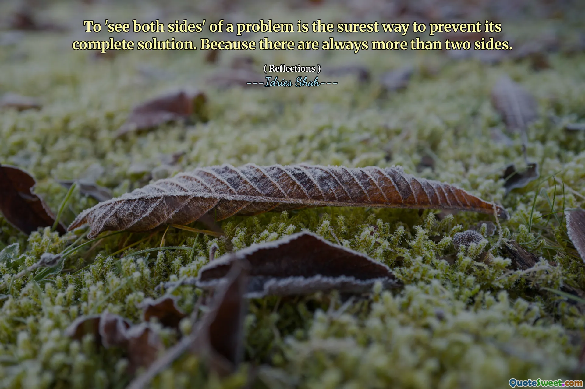 To 'see both sides' of a problem is the surest way to prevent its complete solution. Because there are always more than two sides.