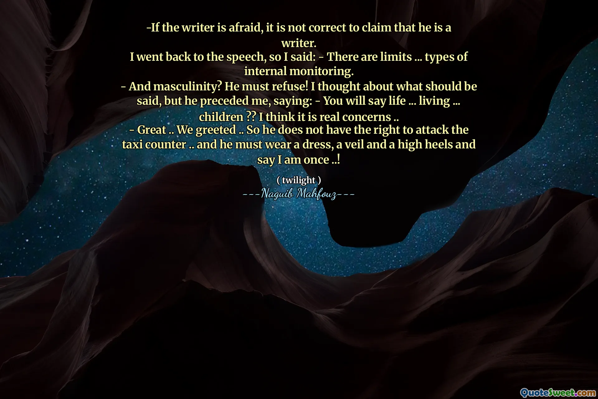 -Om författaren är rädd är det inte korrekt att hävda att han är författare.
Jag gick tillbaka till talet, så jag sa: - Det finns gränser ... typer av intern övervakning.
- och maskulinitet? Han måste vägra! Jag tänkte på vad som borde sägas, men han föregick mig och sa: - Du kommer att säga livet ... levande ... barn ?? Jag tror att det är verkliga problem ..
- bra .. vi hälsade .. så han har inte rätt att attackera taxibaden .. och han måste bära en klänning, en slöja och en hög klack och säga att jag är en gång ..!