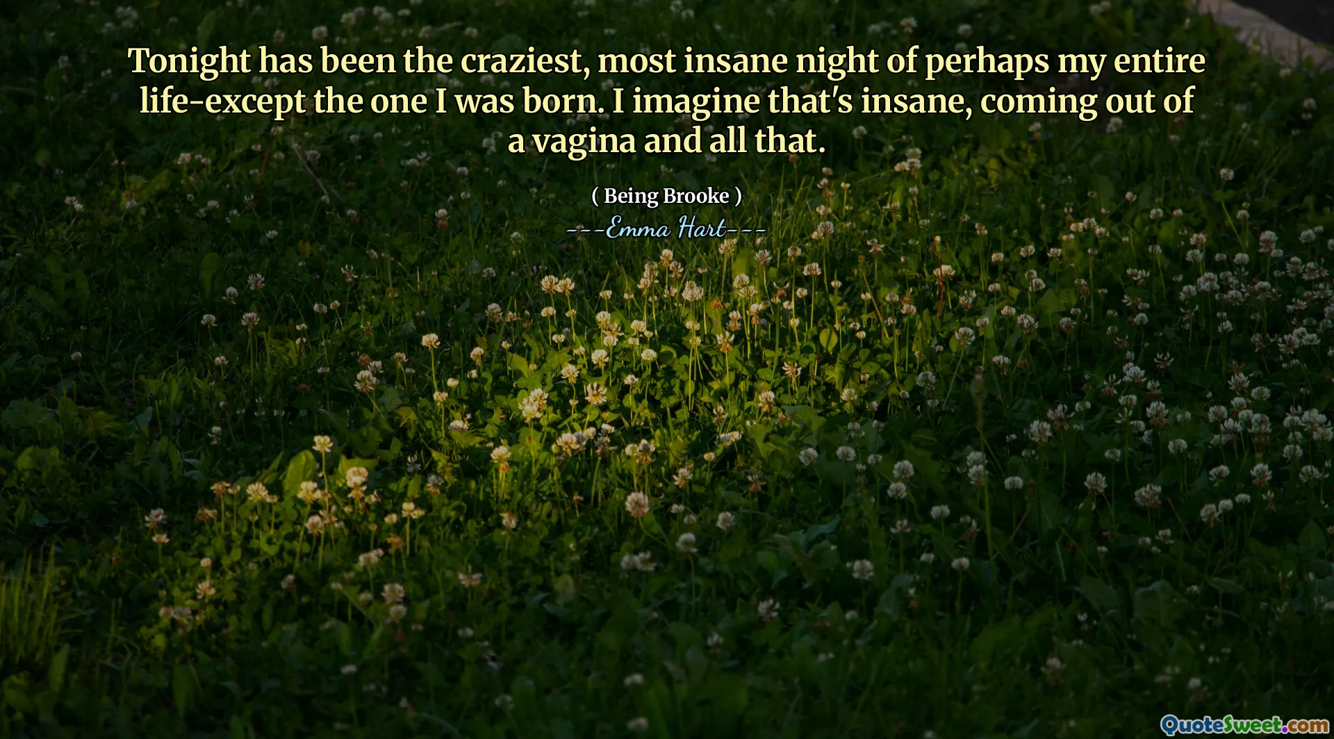 În această seară a fost cea mai nebună, cea mai nebună noapte din întreaga mea viață, cu excepția celei care m-am născut. Îmi imaginez că este nebun, ieșind dintr -un vagin și toate astea.