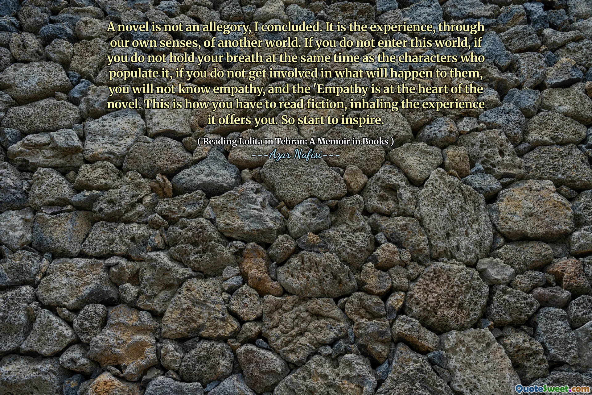 A novel is not an allegory, I concluded. It is the experience, through our own senses, of another world. If you do not enter this world, if you do not hold your breath at the same time as the characters who populate it, if you do not get involved in what will happen to them, you will not know empathy, and the 'Empathy is at the heart of the novel. This is how you have to read fiction, inhaling the experience it offers you. So start to inspire.
