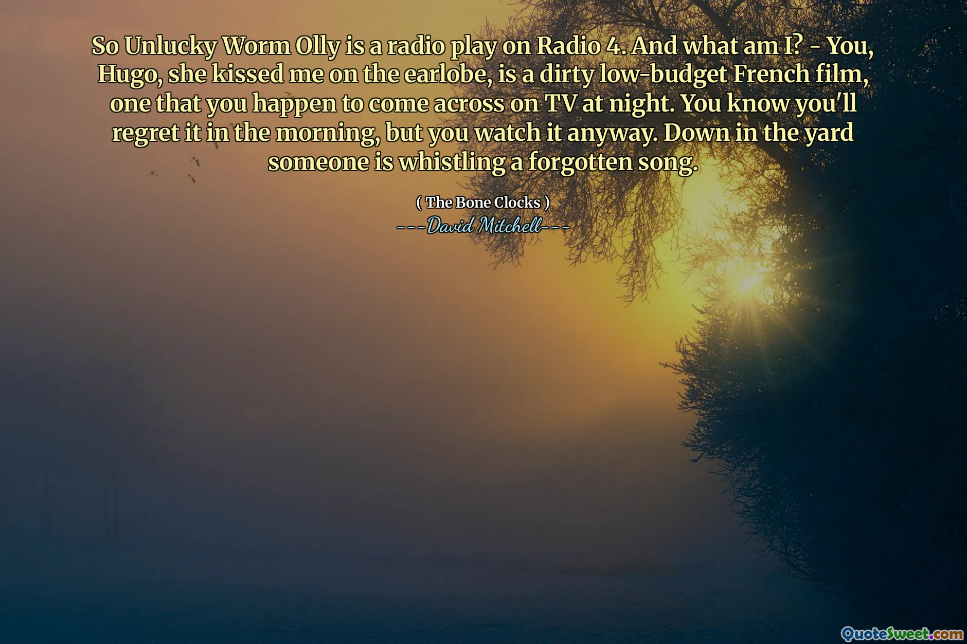 So Unlucky Worm Olly is a radio play on Radio 4. And what am I? - You, Hugo, she kissed me on the earlobe, is a dirty low-budget French film, one that you happen to come across on TV at night. You know you'll regret it in the morning, but you watch it anyway. Down in the yard someone is whistling a forgotten song.