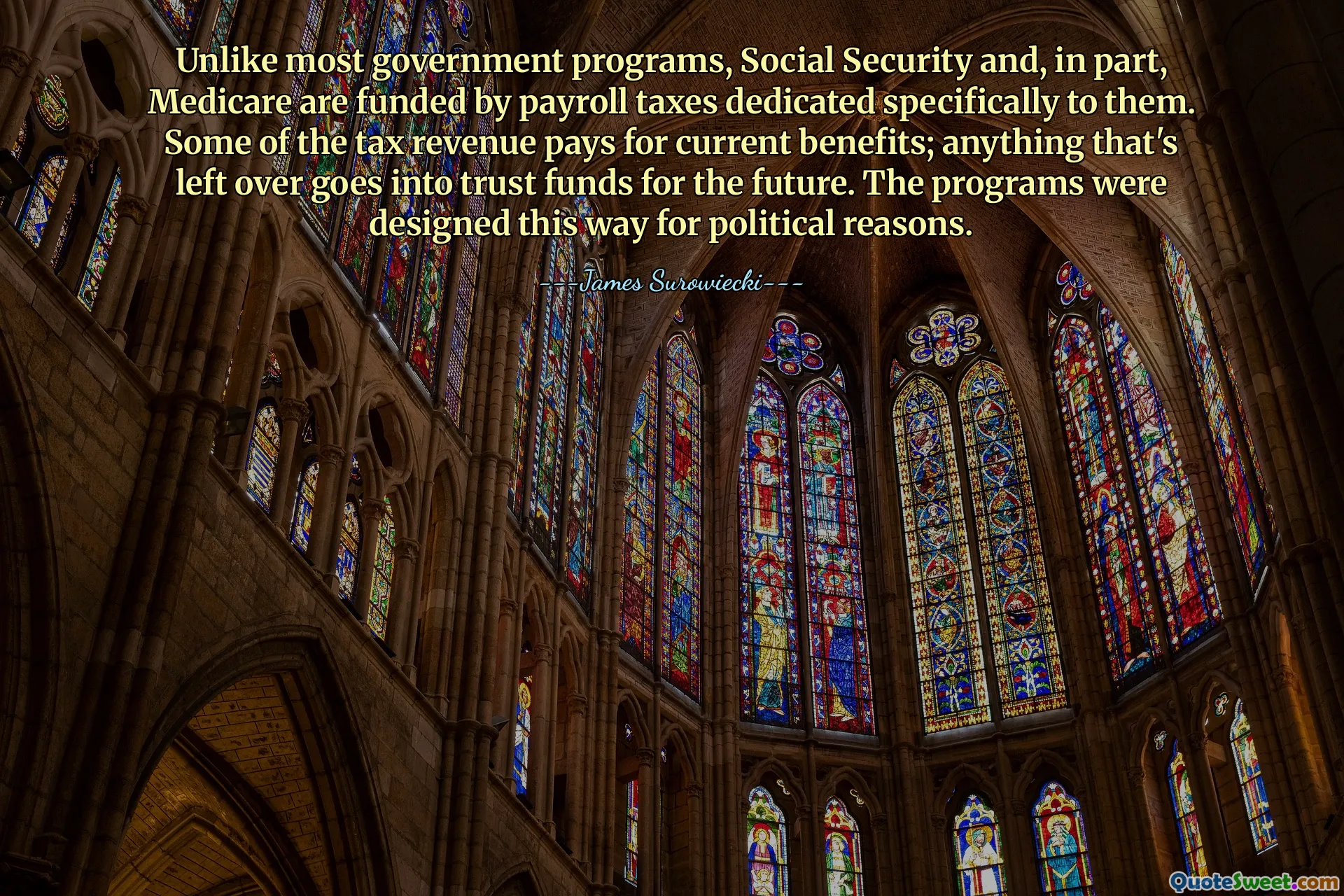 Unlike most government programs, Social Security and, in part, Medicare are funded by payroll taxes dedicated specifically to them. Some of the tax revenue pays for current benefits; anything that's left over goes into trust funds for the future. The programs were designed this way for political reasons.