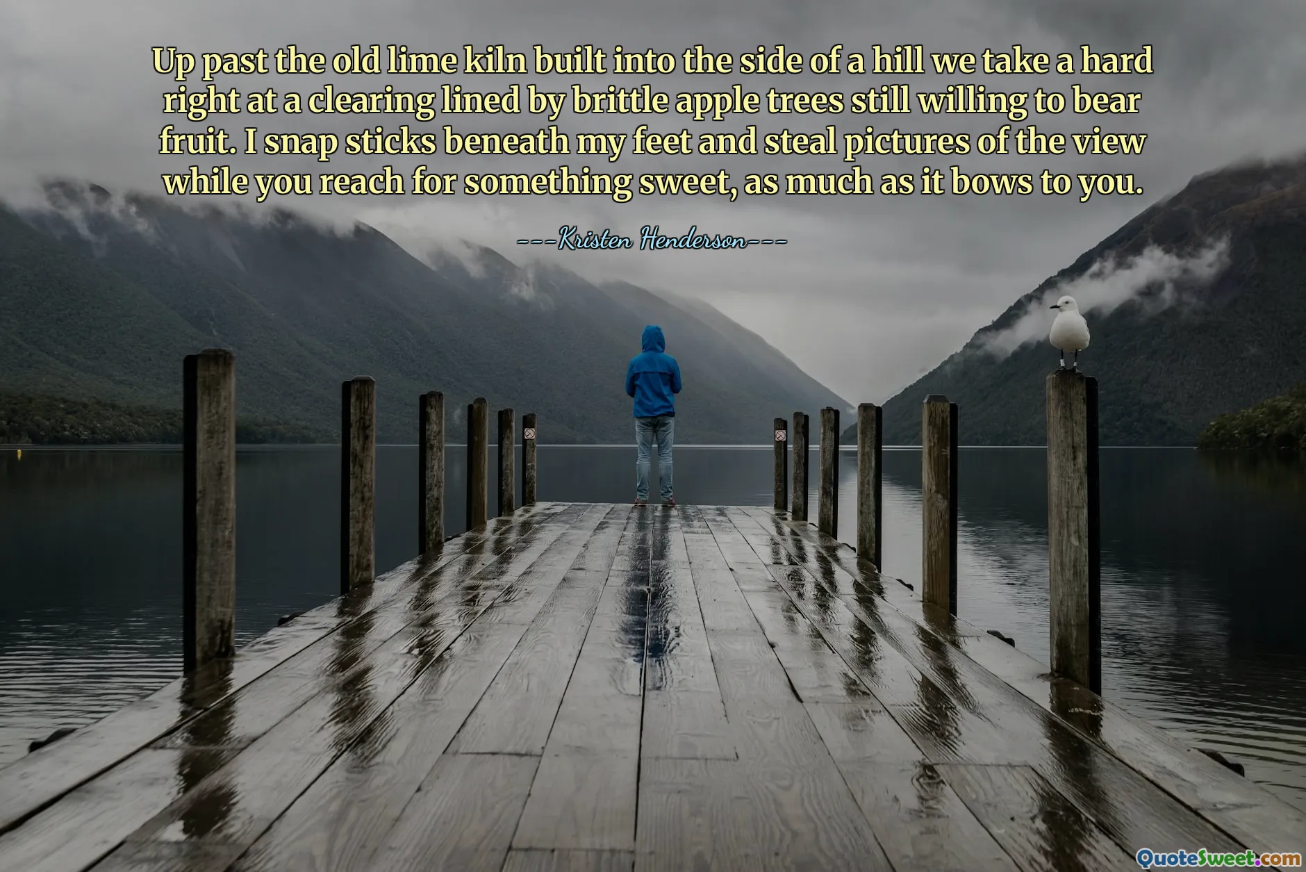 Up past the old lime kiln built into the side of a hill we take a hard right at a clearing lined by brittle apple trees still willing to bear fruit. I snap sticks beneath my feet and steal pictures of the view while you reach for something sweet, as much as it bows to you.