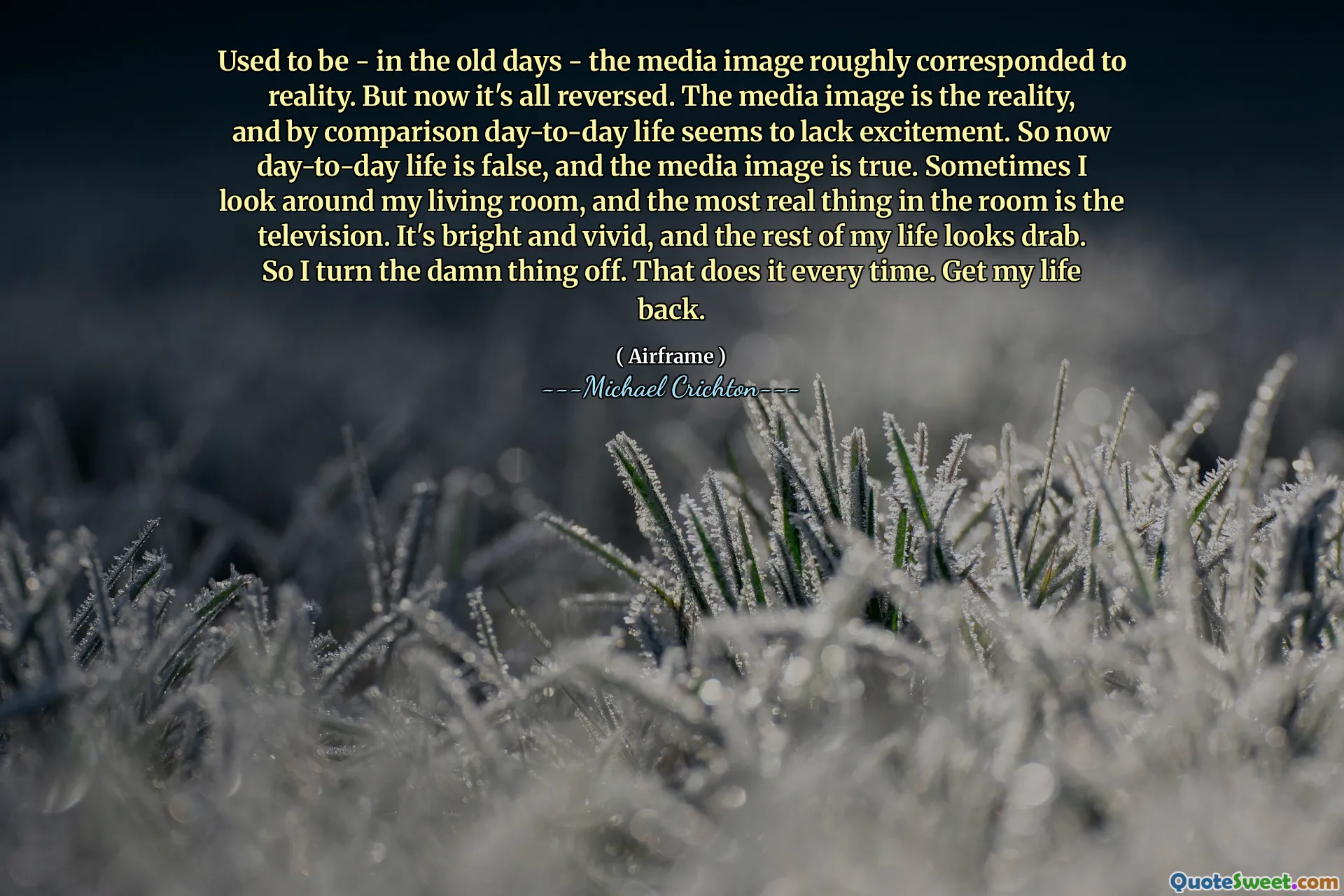 Used to be - in the old days - the media image roughly corresponded to reality. But now it's all reversed. The media image is the reality, and by comparison day-to-day life seems to lack excitement. So now day-to-day life is false, and the media image is true. Sometimes I look around my living room, and the most real thing in the room is the television. It's bright and vivid, and the rest of my life looks drab. So I turn the damn thing off. That does it every time. Get my life back.