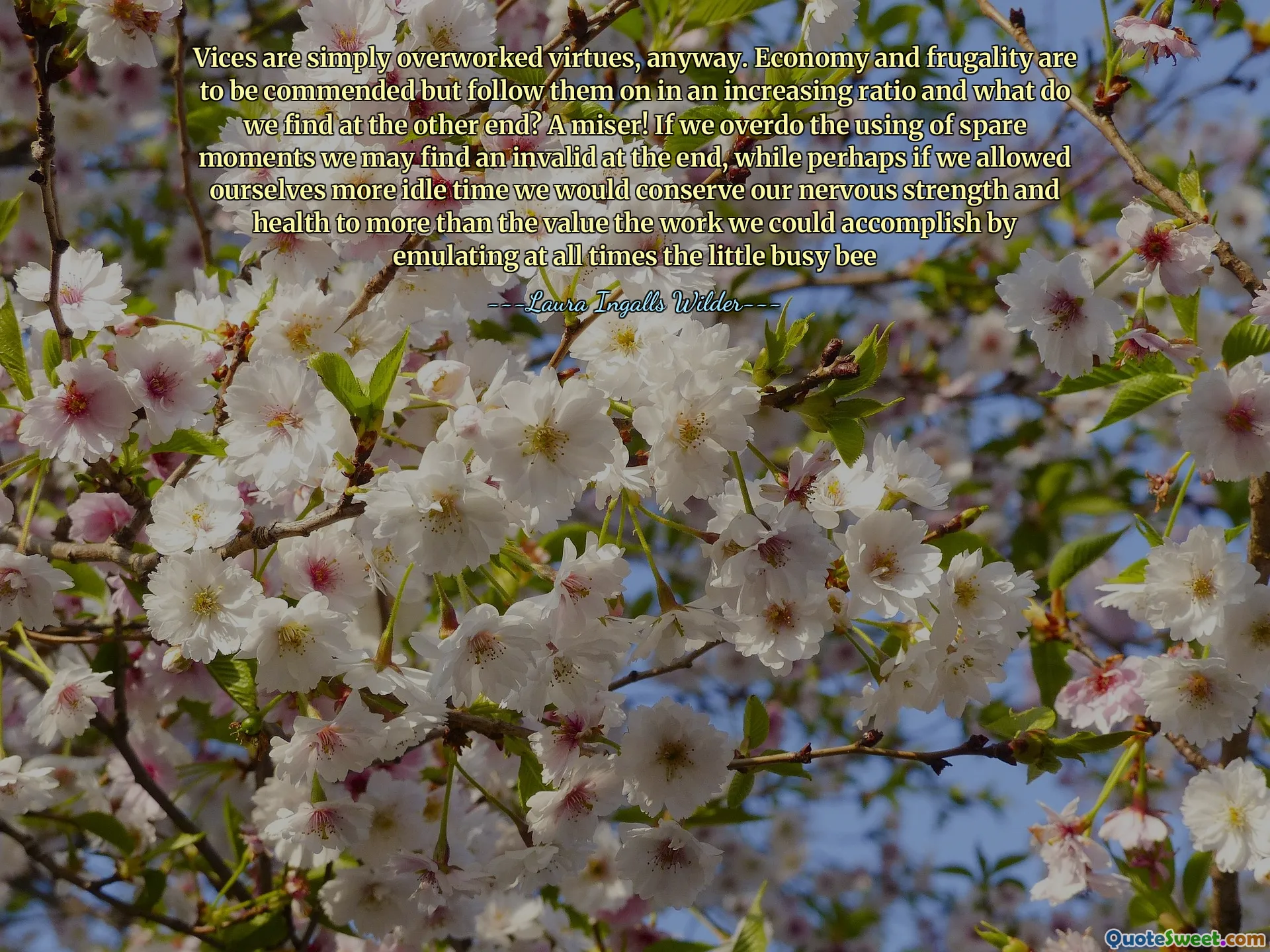 Vices are simply overworked virtues, anyway. Economy and frugality are to be commended but follow them on in an increasing ratio and what do we find at the other end? A miser! If we overdo the using of spare moments we may find an invalid at the end, while perhaps if we allowed ourselves more idle time we would conserve our nervous strength and health to more than the value the work we could accomplish by emulating at all times the little busy bee
