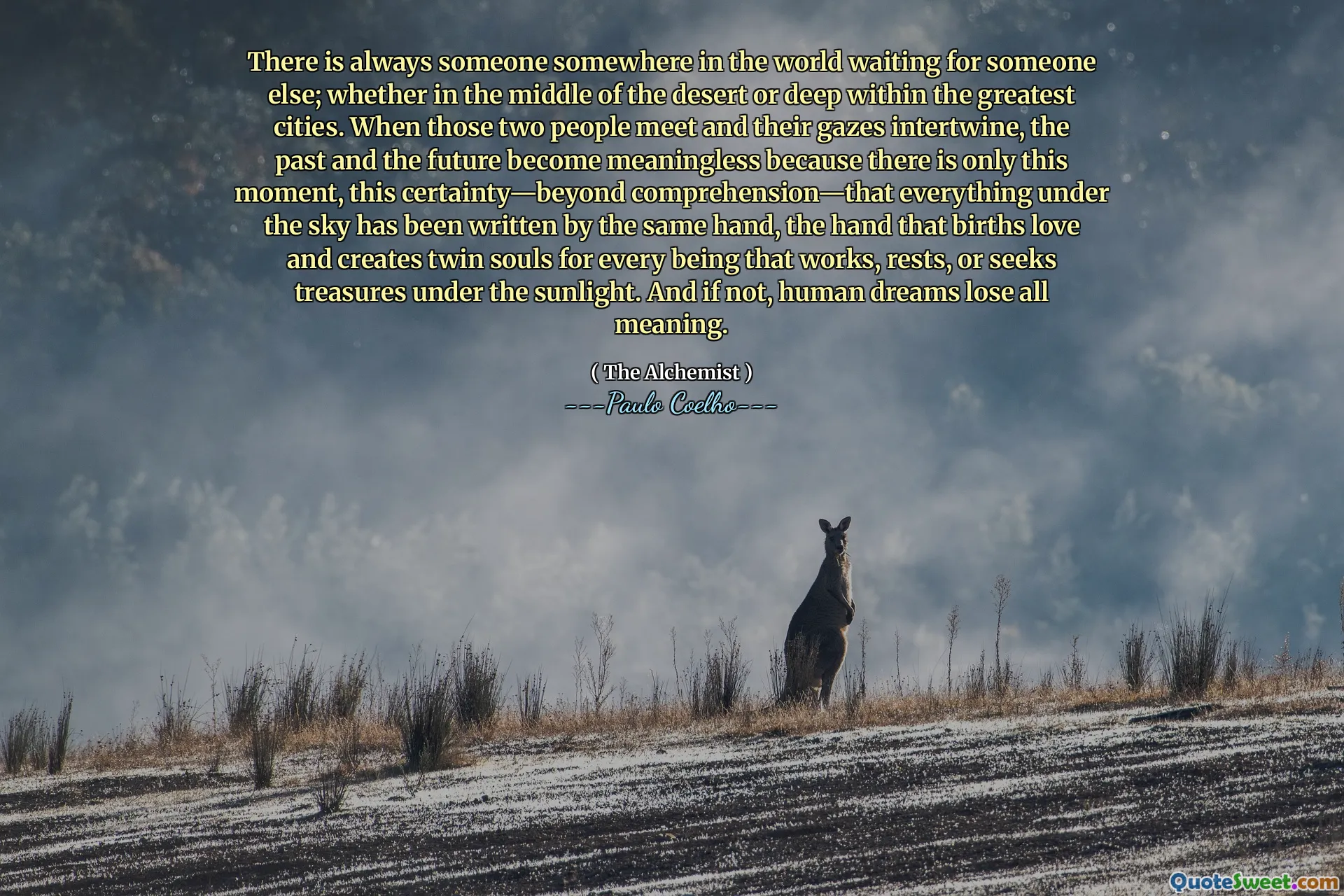 There is always someone somewhere in the world waiting for someone else; whether in the middle of the desert or deep within the greatest cities. When those two people meet and their gazes intertwine, the past and the future become meaningless because there is only this moment, this certainty—beyond comprehension—that everything under the sky has been written by the same hand, the hand that births love and creates twin souls for every being that works, rests, or seeks treasures under the sunlight. And if not, human dreams lose all meaning.