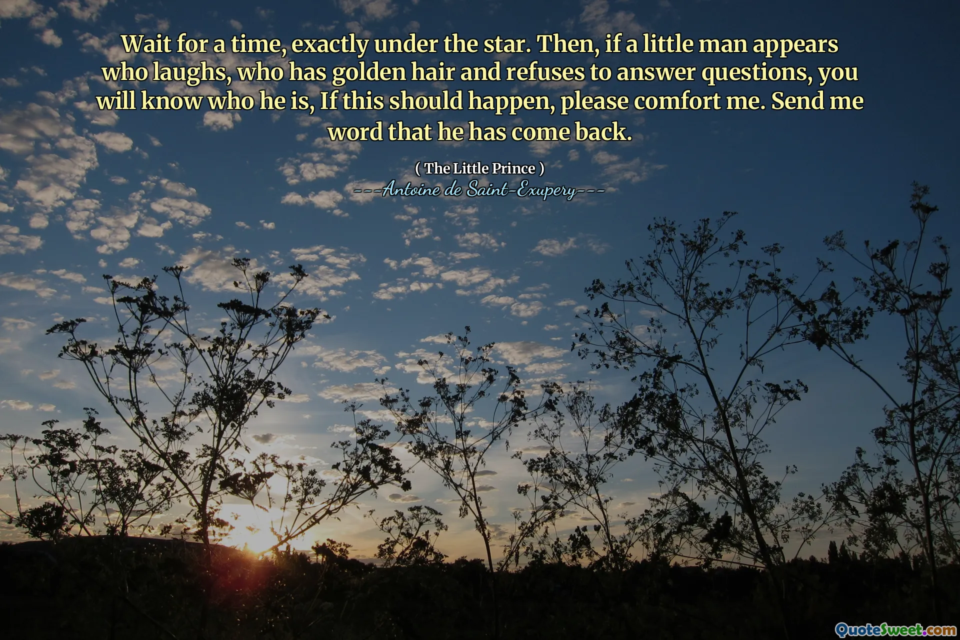 Wait for a time, exactly under the star. Then, if a little man appears who laughs, who has golden hair and refuses to answer questions, you will know who he is, If this should happen, please comfort me. Send me word that he has come back.