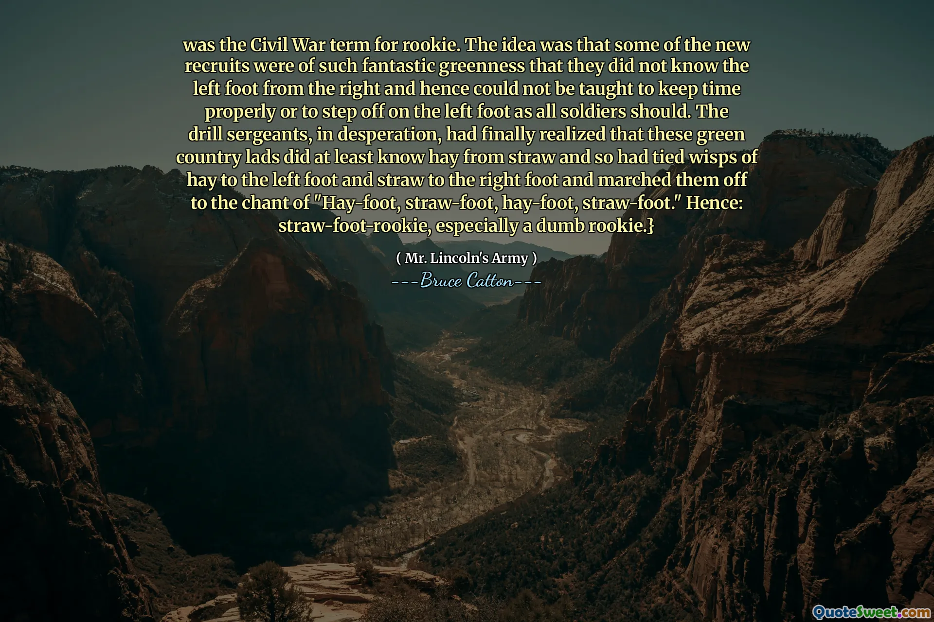 var borgerkrigstiden for rookie. Tanken var at noen av de nye rekruttene var av så fantastisk grønnhet at de ikke kjente venstre fot fra høyre og derfor ikke kunne læres å holde tiden ordentlig eller til å gå av på venstre fot slik alle soldater skulle. Drillsersjantene, i desperasjon, hadde endelig innsett at disse grønne landguttene i det minste kjente hø fra halm og hadde derfor bundet høye høye høye til venstre fot og halm til høyre fot og marsjerte dem til sangen fra "høyfot, halmfot, høyfot, halmfot." Derfor: Strå-fot-rookie, spesielt en stum rookie.}