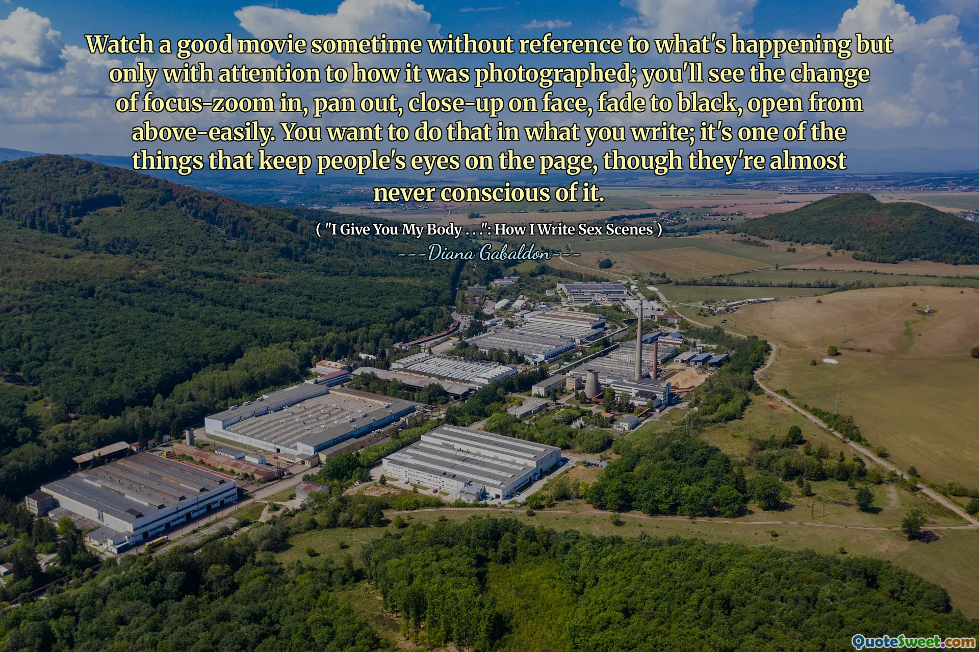 Watch a good movie sometime without reference to what's happening but only with attention to how it was photographed; you'll see the change of focus-zoom in, pan out, close-up on face, fade to black, open from above-easily. You want to do that in what you write; it's one of the things that keep people's eyes on the page, though they're almost never conscious of it.
