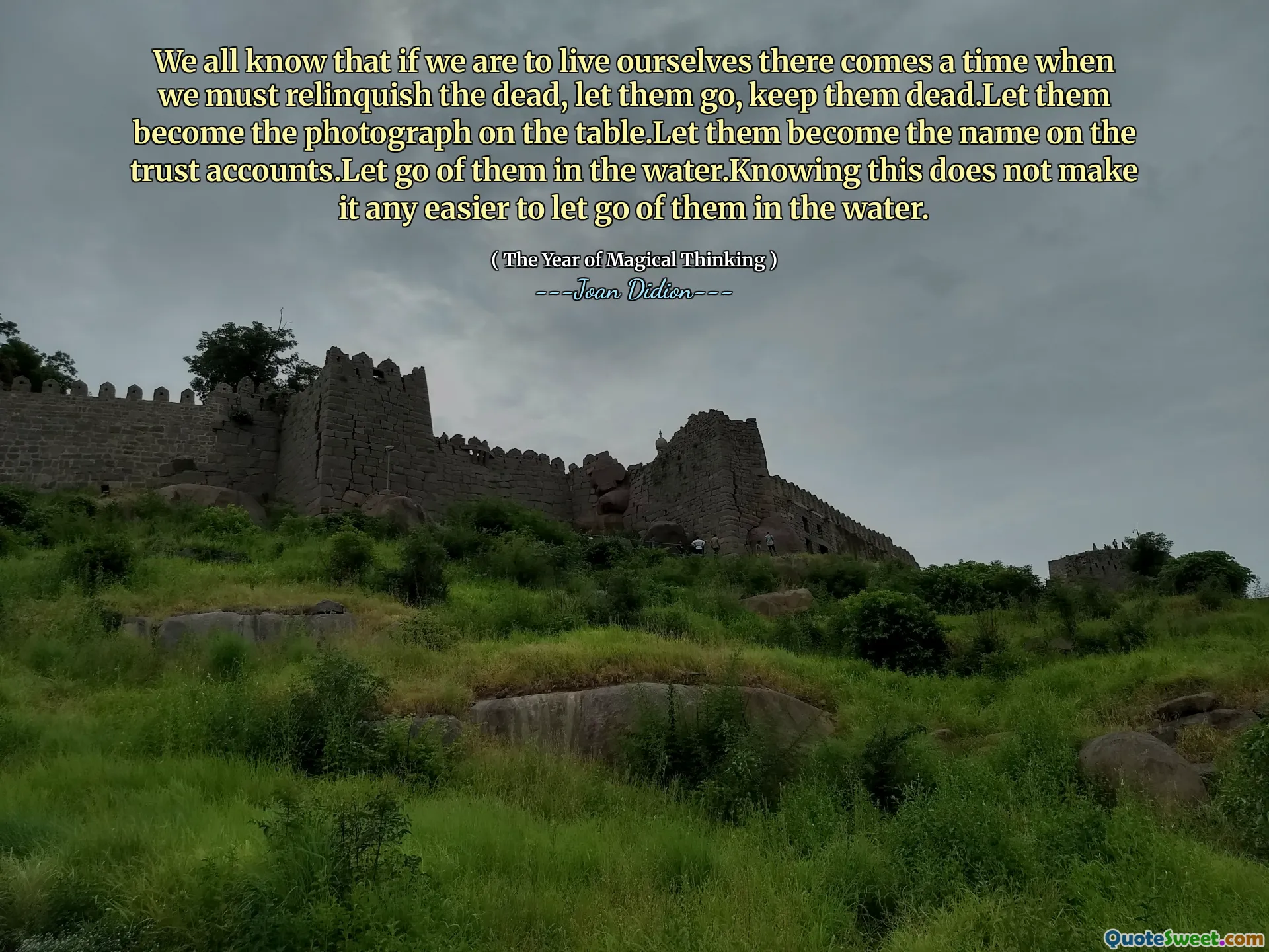 We all know that if we are to live ourselves there comes a time when we must relinquish the dead, let them go, keep them dead.Let them become the photograph on the table.Let them become the name on the trust accounts.Let go of them in the water.Knowing this does not make it any easier to let go of them in the water.