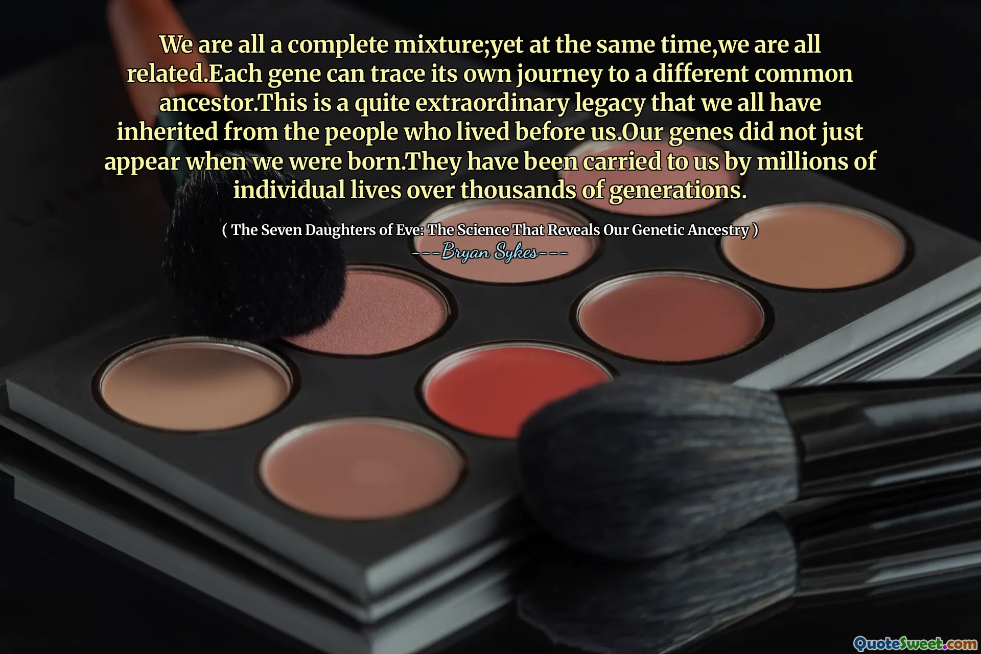 私たちは皆完全な混合物ですが、同時に私たちはすべて関連しています。実際の遺伝子は、別の共通の祖先への独自の旅をたどることができます。これは、私たち全員が私たちの前に住んでいた人々から受け継いだ非常に並外れた遺産です。私たちの遺伝子は、私たちが生まれたときに現れたわけではありませんでした。彼らは何千世紀にわたって何百万人もの個々の生活から私たちに運ばれてきました。