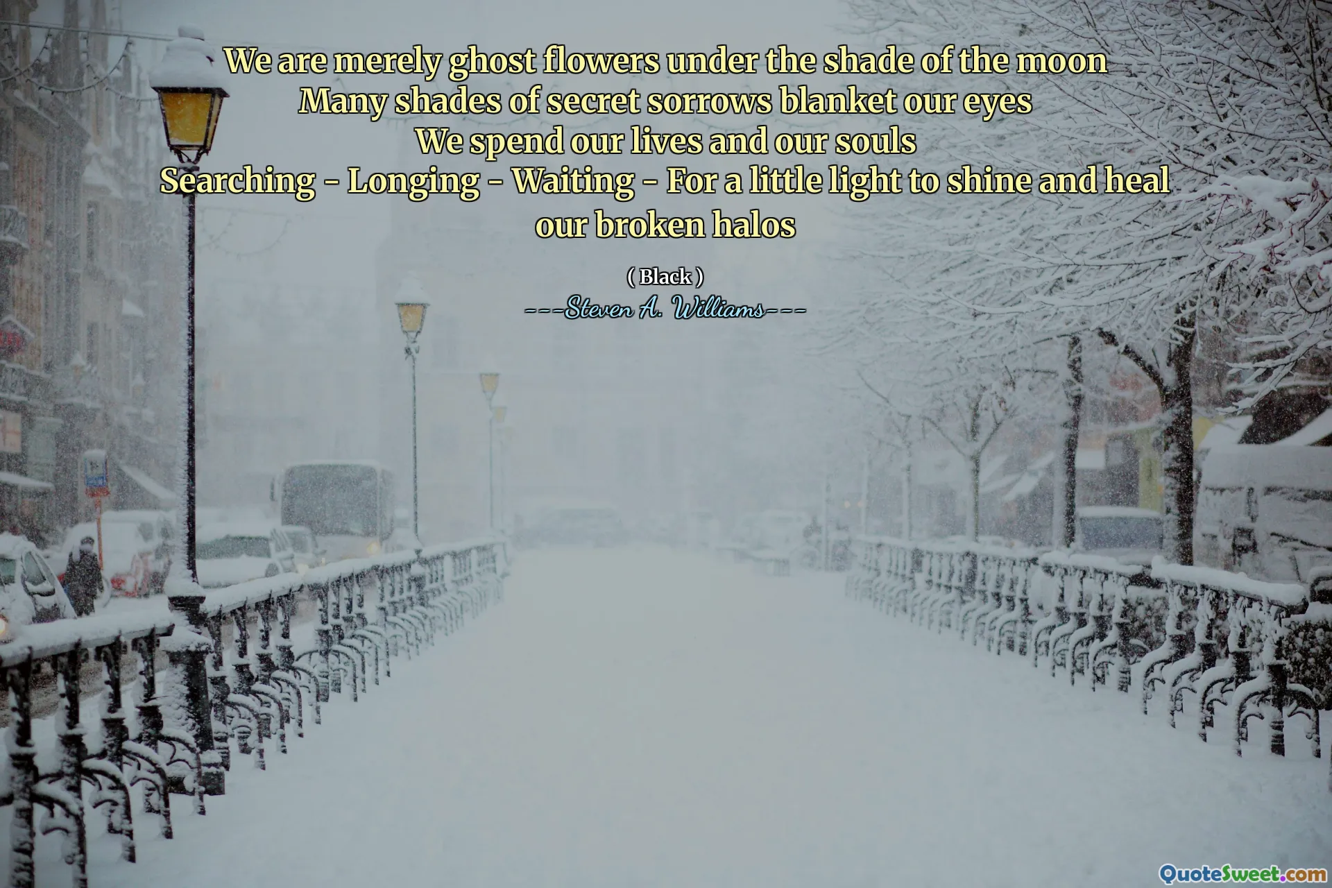 We are merely ghost flowers under the shade of the moon
Many shades of secret sorrows blanket our eyes
We spend our lives and our souls
Searching - Longing - Waiting - For a little light to shine and heal our broken halos