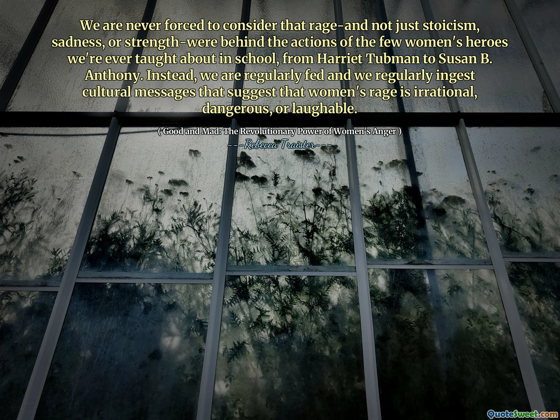 We are never forced to consider that rage-and not just stoicism, sadness, or strength-were behind the actions of the few women's heroes we're ever taught about in school, from Harriet Tubman to Susan B. Anthony. Instead, we are regularly fed and we regularly ingest cultural messages that suggest that women's rage is irrational, dangerous, or laughable.