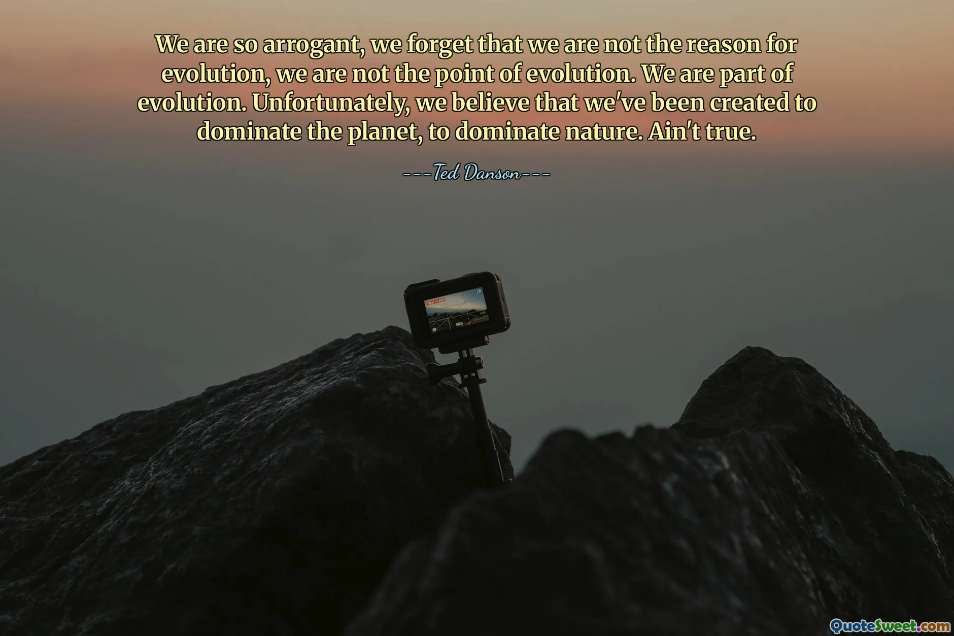 Wir sind so arrogant, dass wir vergessen, dass wir nicht der Grund der Evolution sind, wir sind nicht der Punkt der Evolution. Wir sind Teil der Evolution. Leider glauben wir, dass wir geschaffen wurden, um den Planeten und die Natur zu beherrschen. Stimmt nicht.