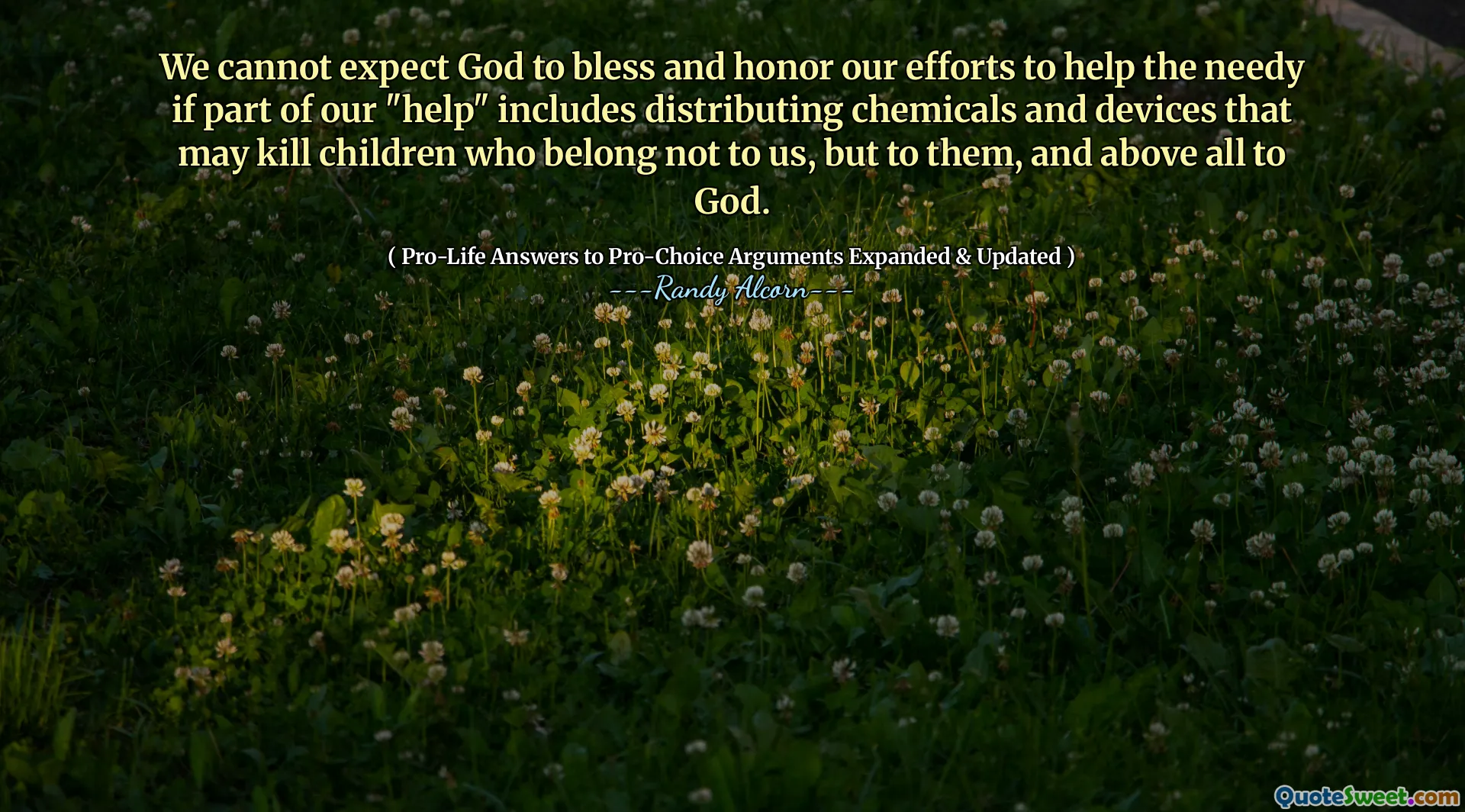 Nu ne putem aștepta ca Dumnezeu să ne binecuvânteze și să ne onoreze eforturile de a ajuta cei nevoiași dacă o parte din „ajutorul” nostru include distribuirea substanțelor chimice și a dispozitivelor care pot ucide copii care nu ne aparțin, ci pentru ei și, mai ales, lui Dumnezeu.