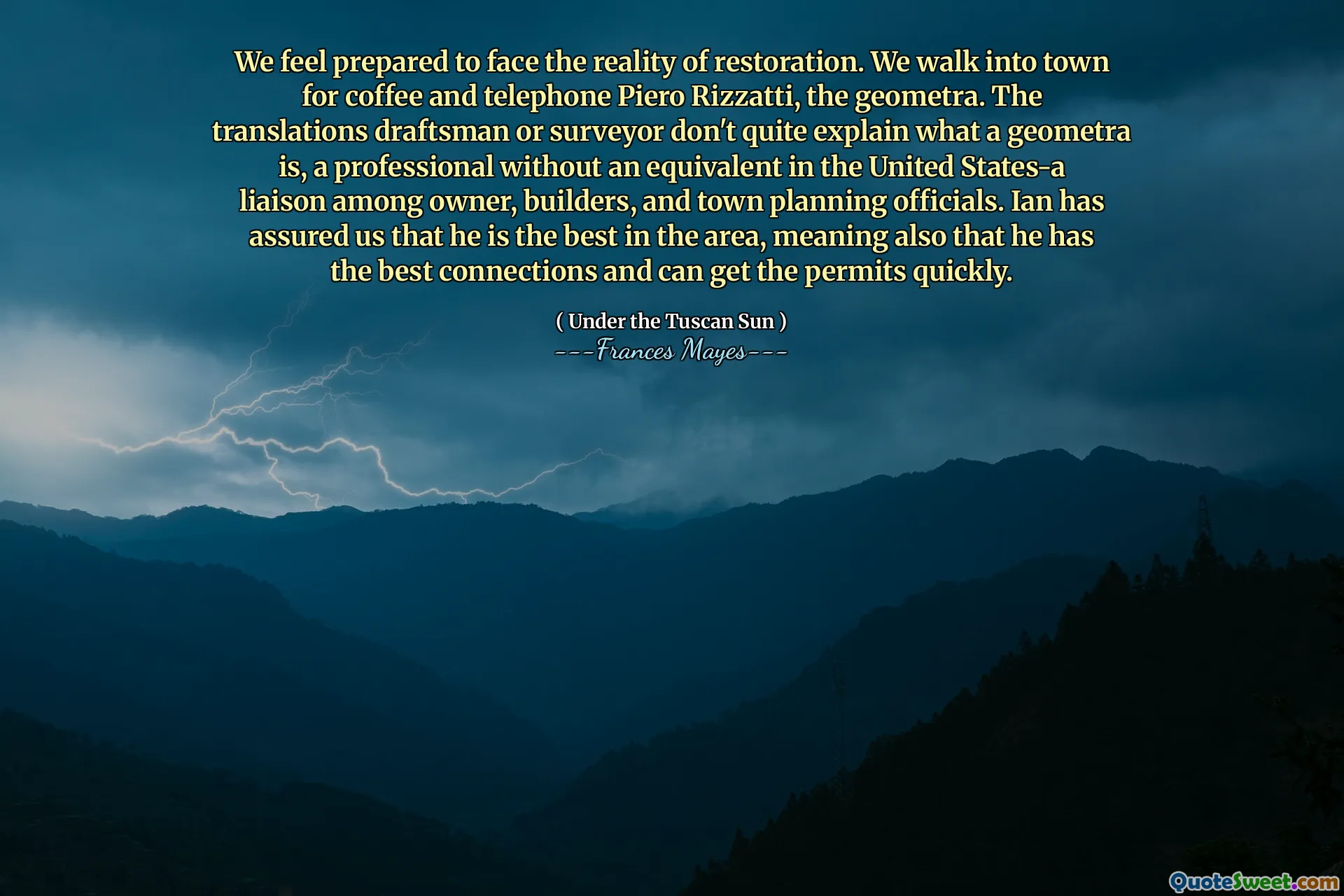 हम बहाली की वास्तविकता का सामना करने के लिए तैयार महसूस करते हैं। हम कॉफी और टेलीफोन पिएरो रिज़ेट्टी, जियोमेट्रा के लिए शहर में चलते हैं। अनुवाद ड्राफ्ट्समैन या सर्वेयर यह नहीं समझाते हैं कि एक जियोमेट्रा क्या है, संयुक्त राज्य अमेरिका में एक बराबर के बिना एक पेशेवर-एक संपर्क मालिक, बिल्डरों और टाउन प्लानिंग अधिकारियों के बीच एक संपर्क। इयान ने हमें आश्वासन दिया है कि वह इस