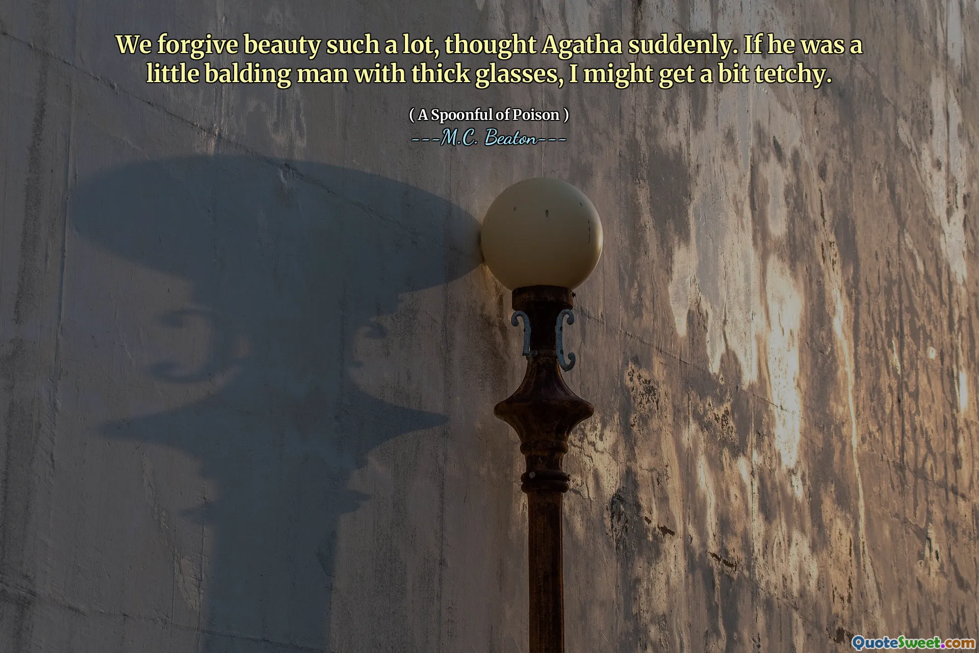 We forgive beauty such a lot, thought Agatha suddenly. If he was a little balding man with thick glasses, I might get a bit tetchy.