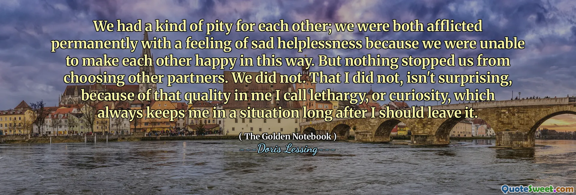 We had a kind of pity for each other; we were both afflicted permanently with a feeling of sad helplessness because we were unable to make each other happy in this way. But nothing stopped us from choosing other partners. We did not. That I did not, isn't surprising, because of that quality in me I call lethargy, or curiosity, which always keeps me in a situation long after I should leave it.