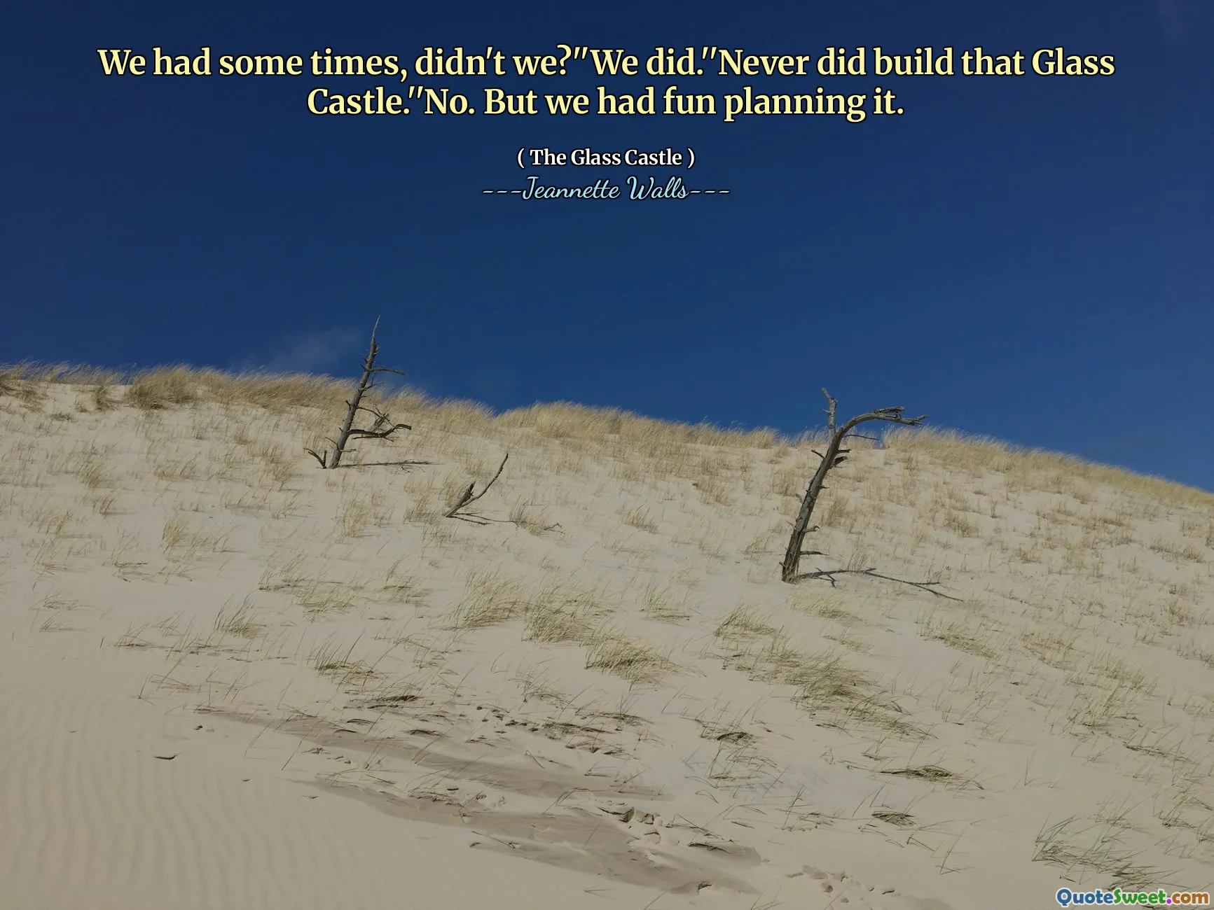 Abbiamo avuto alcune volte, no? '' Lo abbiamo fatto. '' Non ha mai costruito quel castello di vetro. '' No. Ma ci siamo divertiti a pianificarlo.