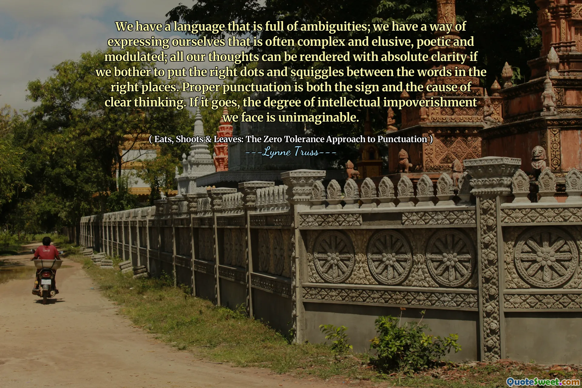 We have a language that is full of ambiguities; we have a way of expressing ourselves that is often complex and elusive, poetic and modulated; all our thoughts can be rendered with absolute clarity if we bother to put the right dots and squiggles between the words in the right places. Proper punctuation is both the sign and the cause of clear thinking. If it goes, the degree of intellectual impoverishment we face is unimaginable.