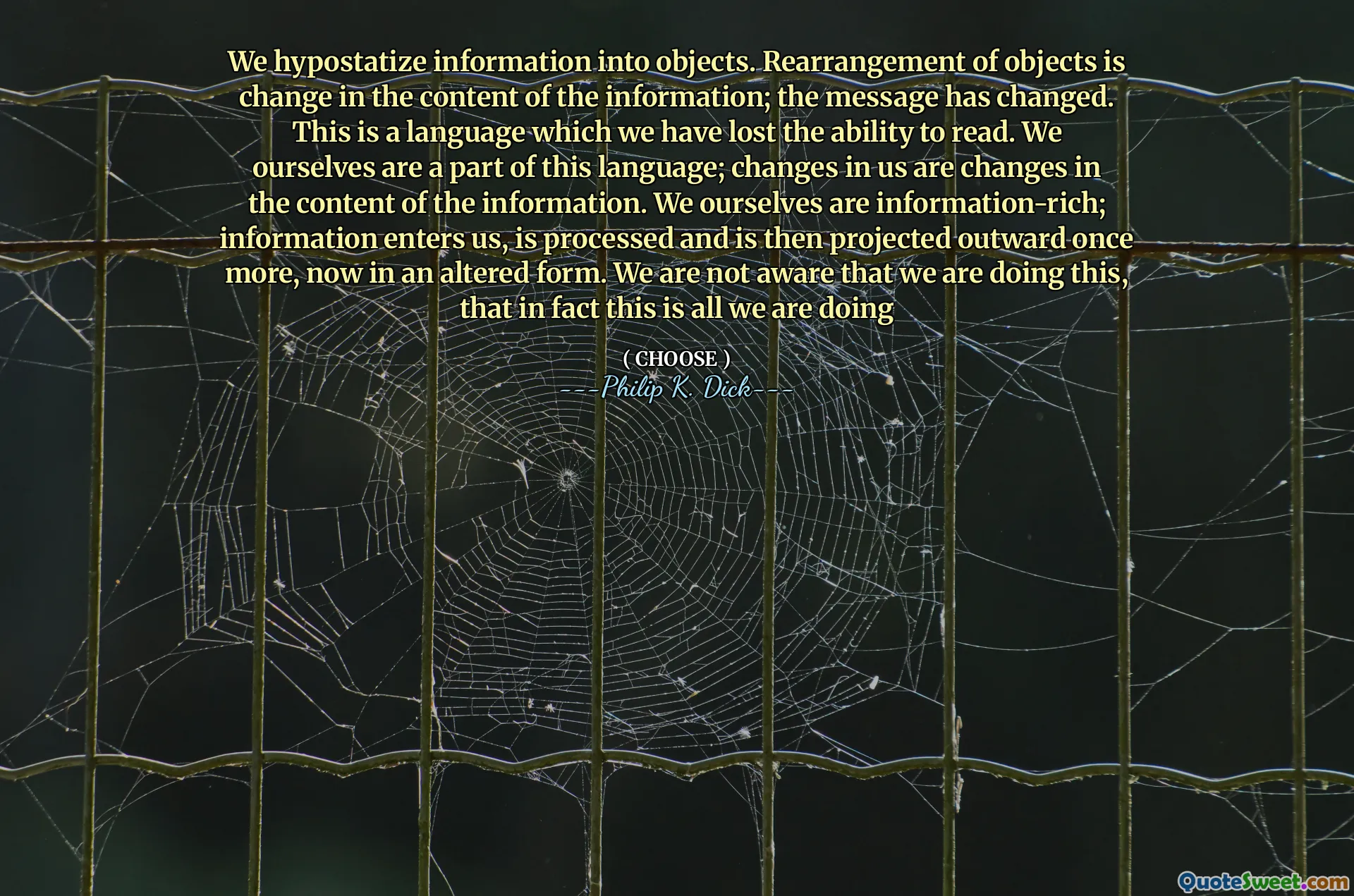 We hypostatize information into objects. Rearrangement of objects is change in the content of the information; the message has changed. This is a language which we have lost the ability to read. We ourselves are a part of this language; changes in us are changes in the content of the information. We ourselves are information-rich; information enters us, is processed and is then projected outward once more, now in an altered form. We are not aware that we are doing this, that in fact this is all we are doing