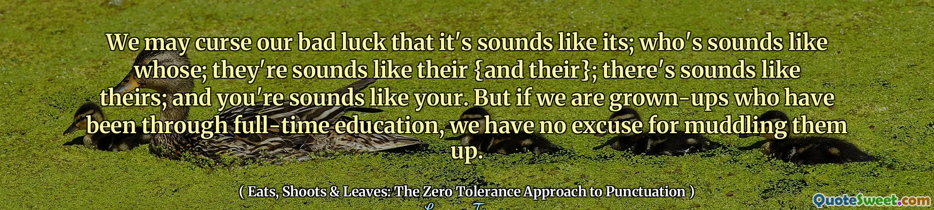 We may curse our bad luck that it's sounds like its; who's sounds like whose; they're sounds like their {and their}; there's sounds like theirs; and you're sounds like your. But if we are grown-ups who have been through full-time education, we have no excuse for muddling them up.