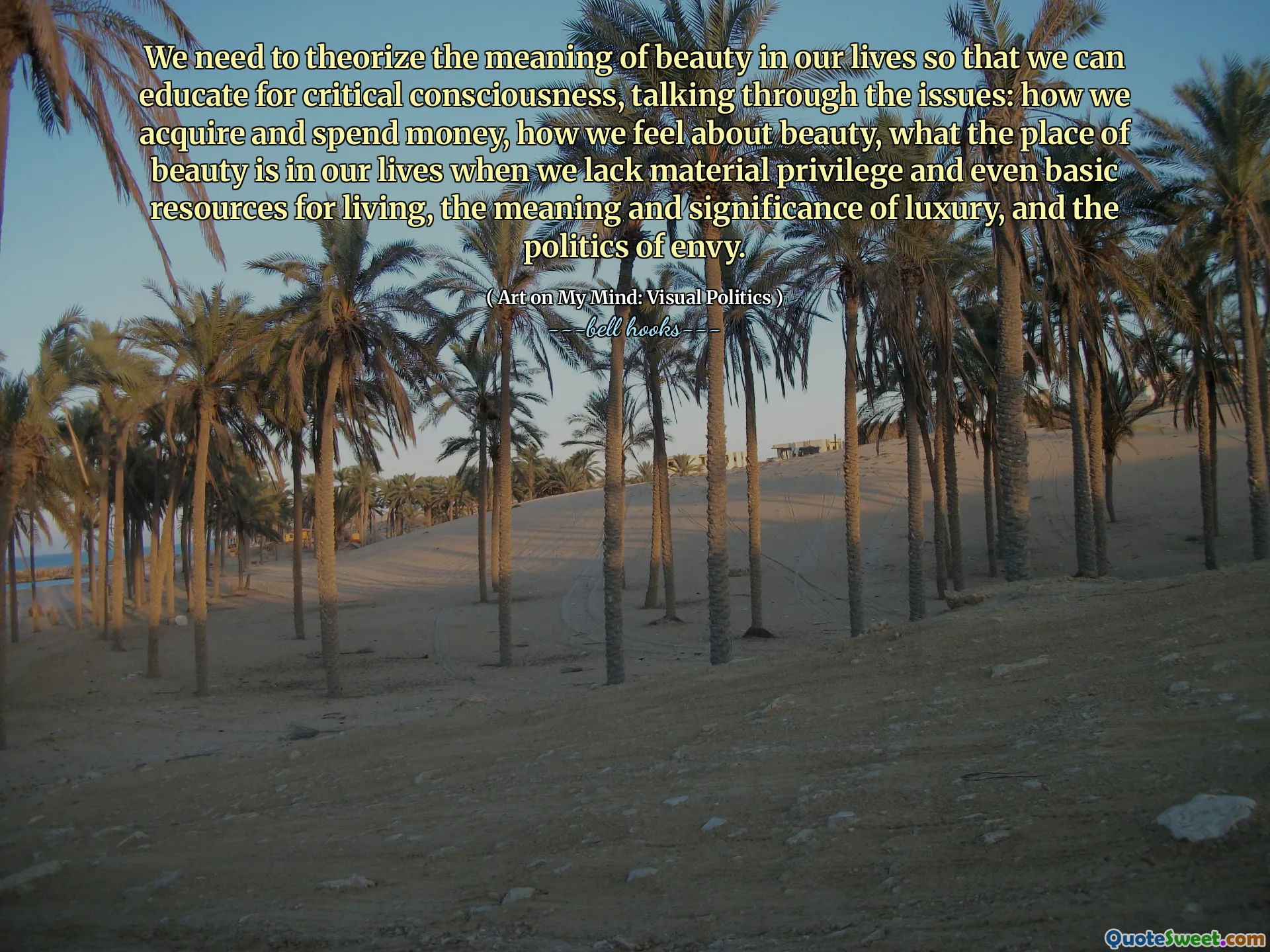 We need to theorize the meaning of beauty in our lives so that we can educate for critical consciousness, talking through the issues: how we acquire and spend money, how we feel about beauty, what the place of beauty is in our lives when we lack material privilege and even basic resources for living, the meaning and significance of luxury, and the politics of envy.