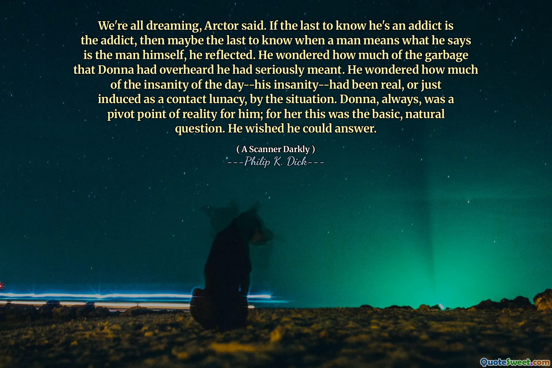 私たちは皆夢を見ています、とアークターは言いました。彼が中毒者であることを知っている最後の人が中毒者であるなら、おそらく男が自分が男自身であると言っていることを意味するときに最後に知っているかもしれません、彼は反映しました。彼は、ドナが真剣に意図したことを耳にしたゴミのどれだけを疑問に思いました。彼は、その日の狂気のどれだけが、彼の狂気がどれだけ現実的であるか、または状況によって接触狂気として誘発されただけだったのだろうと思った。ドナはいつも、彼にとって現実の重要なポイントでした。彼女にとって、これは基本的で自然な質問でした。彼は答えることを望んだ。