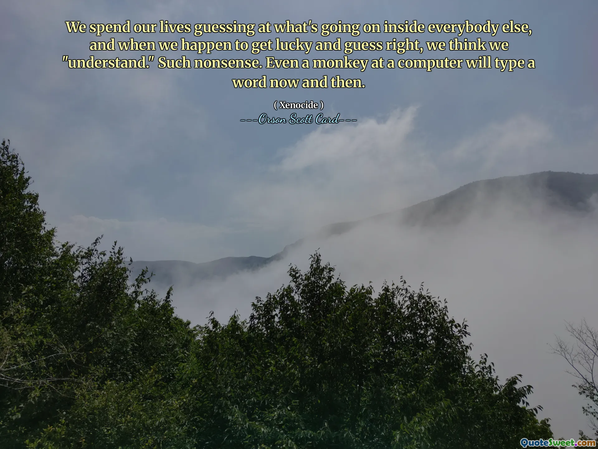 We spend our lives guessing at what's going on inside everybody else, and when we happen to get lucky and guess right, we think we "understand." Such nonsense. Even a monkey at a computer will type a word now and then.