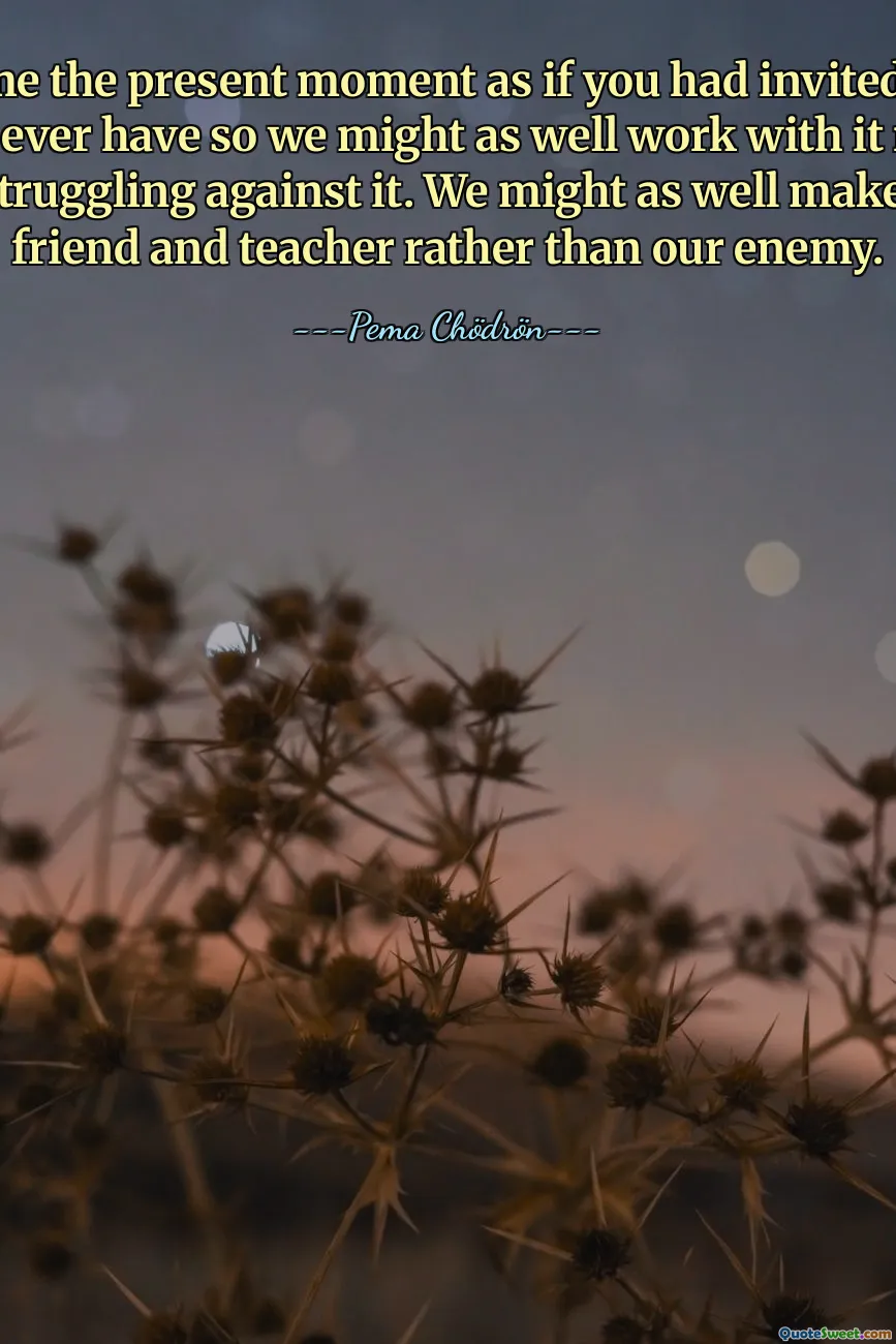 Welcome the present moment as if you had invited it. It is all we ever have so we might as well work with it rather than struggling against it. We might as well make it our friend and teacher rather than our enemy.