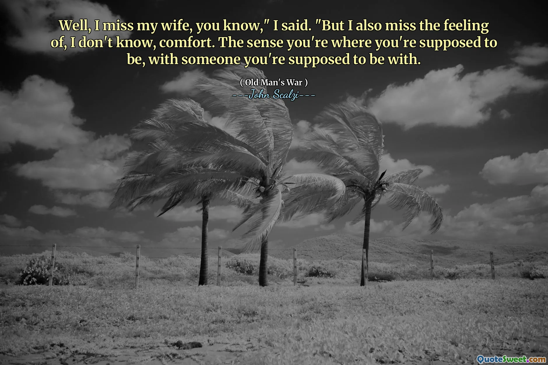 Well, I miss my wife, you know," I said. "But I also miss the feeling of, I don't know, comfort. The sense you're where you're supposed to be, with someone you're supposed to be with.