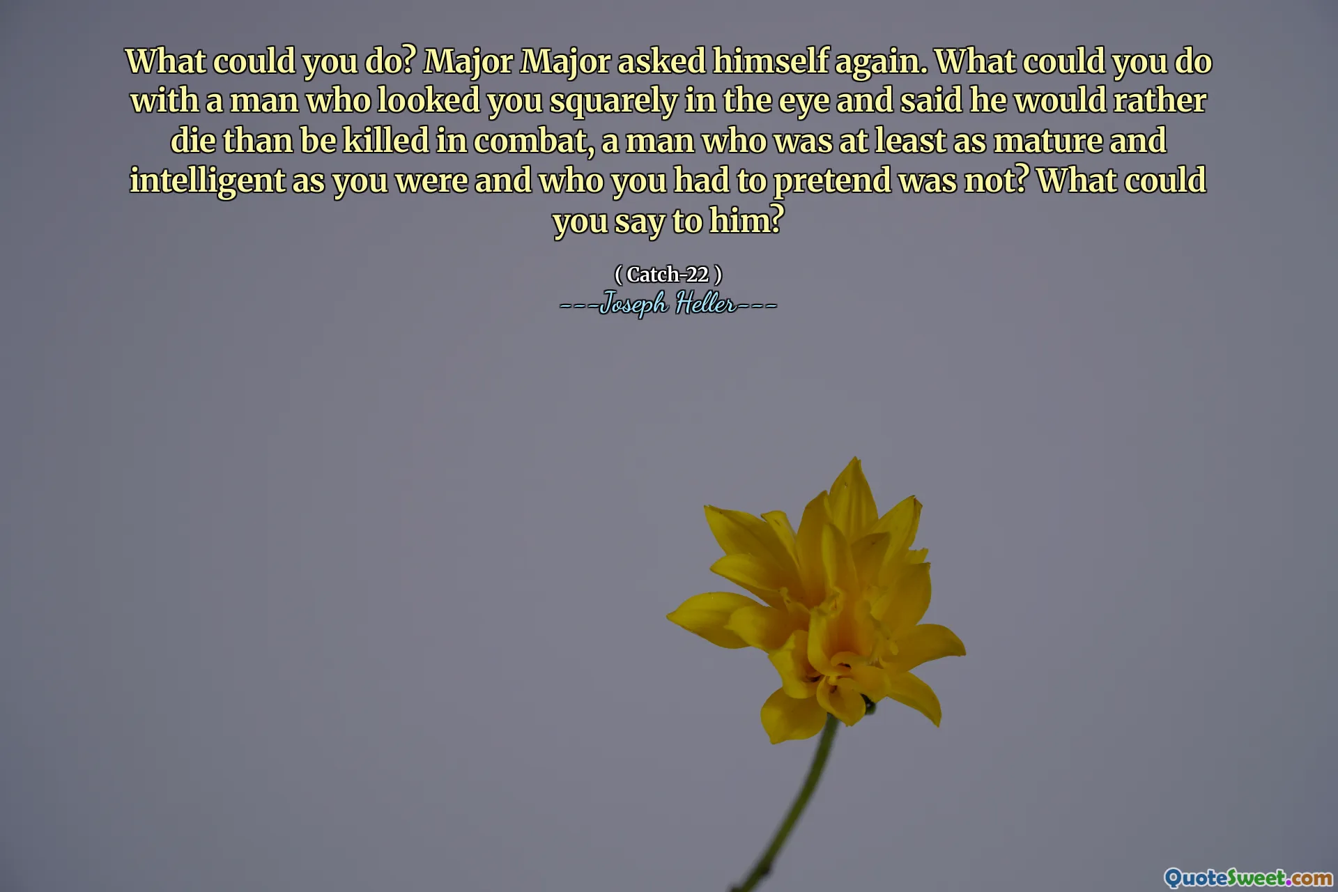 Hva kan du gjøre? Major major spurte seg selv igjen. Hva kunne du gjøre med en mann som så deg på en tøysing i øynene og sa at han heller ville dø enn å bli drept i kamp, ​​en mann som var minst like moden og intelligent som du var og som du måtte late som om det ikke var? Hva kan du si til ham?