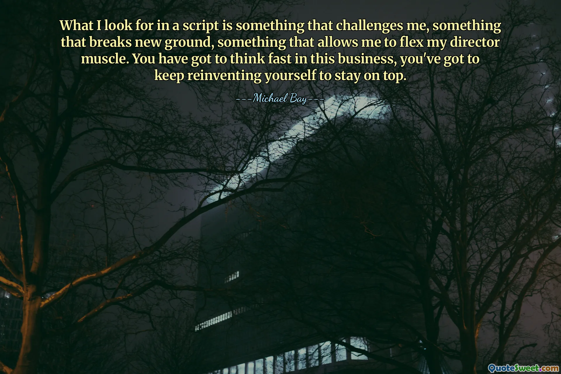 What I look for in a script is something that challenges me, something that breaks new ground, something that allows me to flex my director muscle. You have got to think fast in this business, you've got to keep reinventing yourself to stay on top.