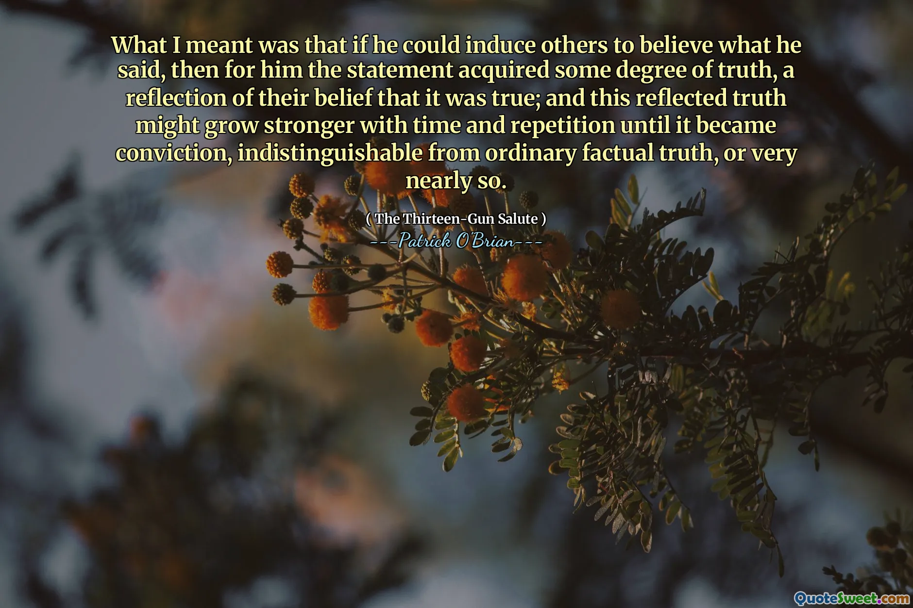 What I meant was that if he could induce others to believe what he said, then for him the statement acquired some degree of truth, a reflection of their belief that it was true; and this reflected truth might grow stronger with time and repetition until it became conviction, indistinguishable from ordinary factual truth, or very nearly so.