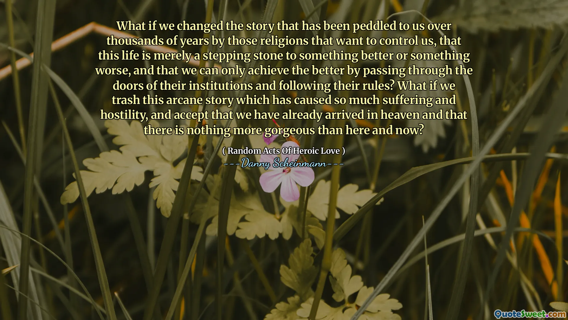 What if we changed the story that has been peddled to us over thousands of years by those religions that want to control us, that this life is merely a stepping stone to something better or something worse, and that we can only achieve the better by passing through the doors of their institutions and following their rules? What if we trash this arcane story which has caused so much suffering and hostility, and accept that we have already arrived in heaven and that there is nothing more gorgeous than here and now?