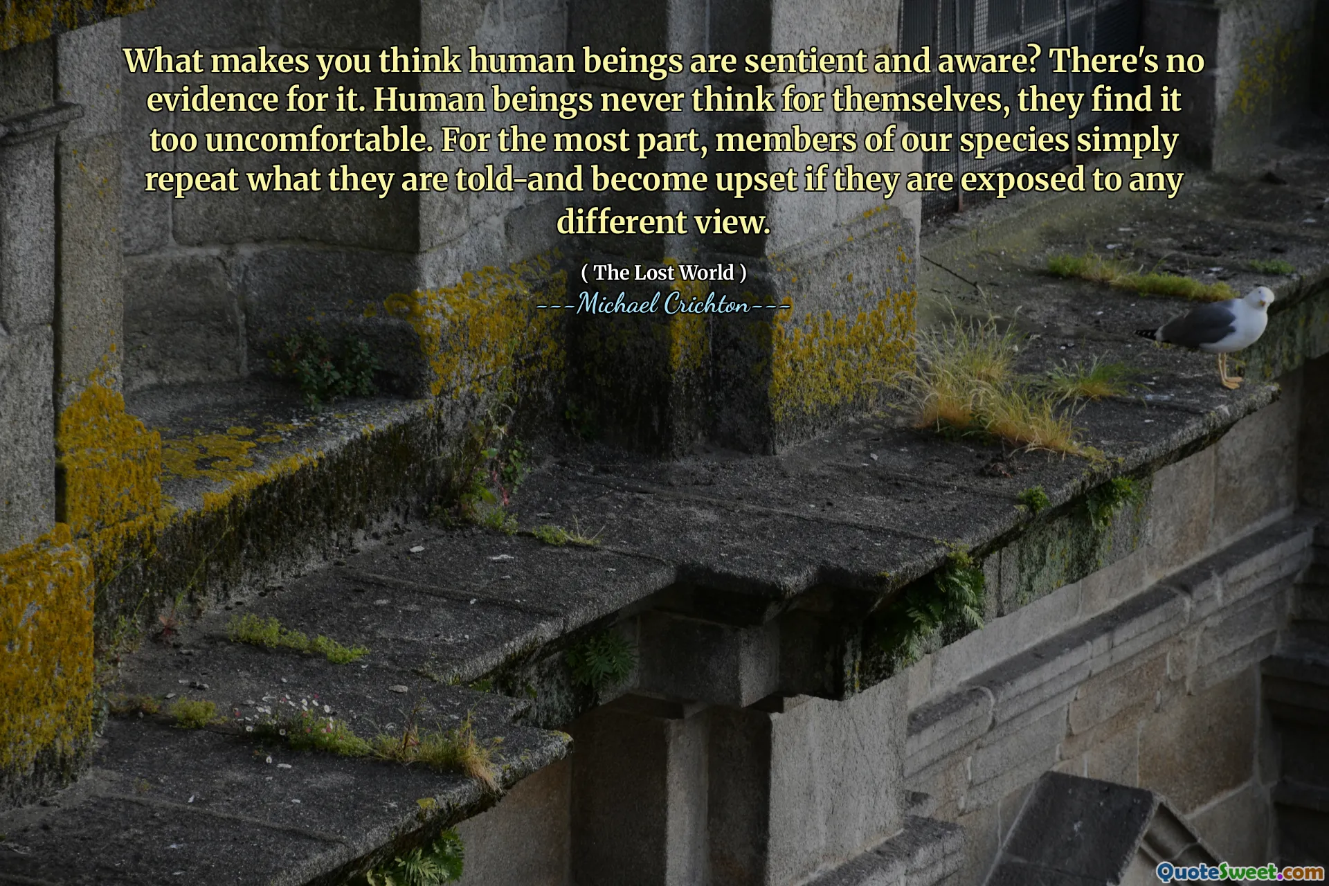 What makes you think human beings are sentient and aware? There's no evidence for it. Human beings never think for themselves, they find it too uncomfortable. For the most part, members of our species simply repeat what they are told-and become upset if they are exposed to any different view.