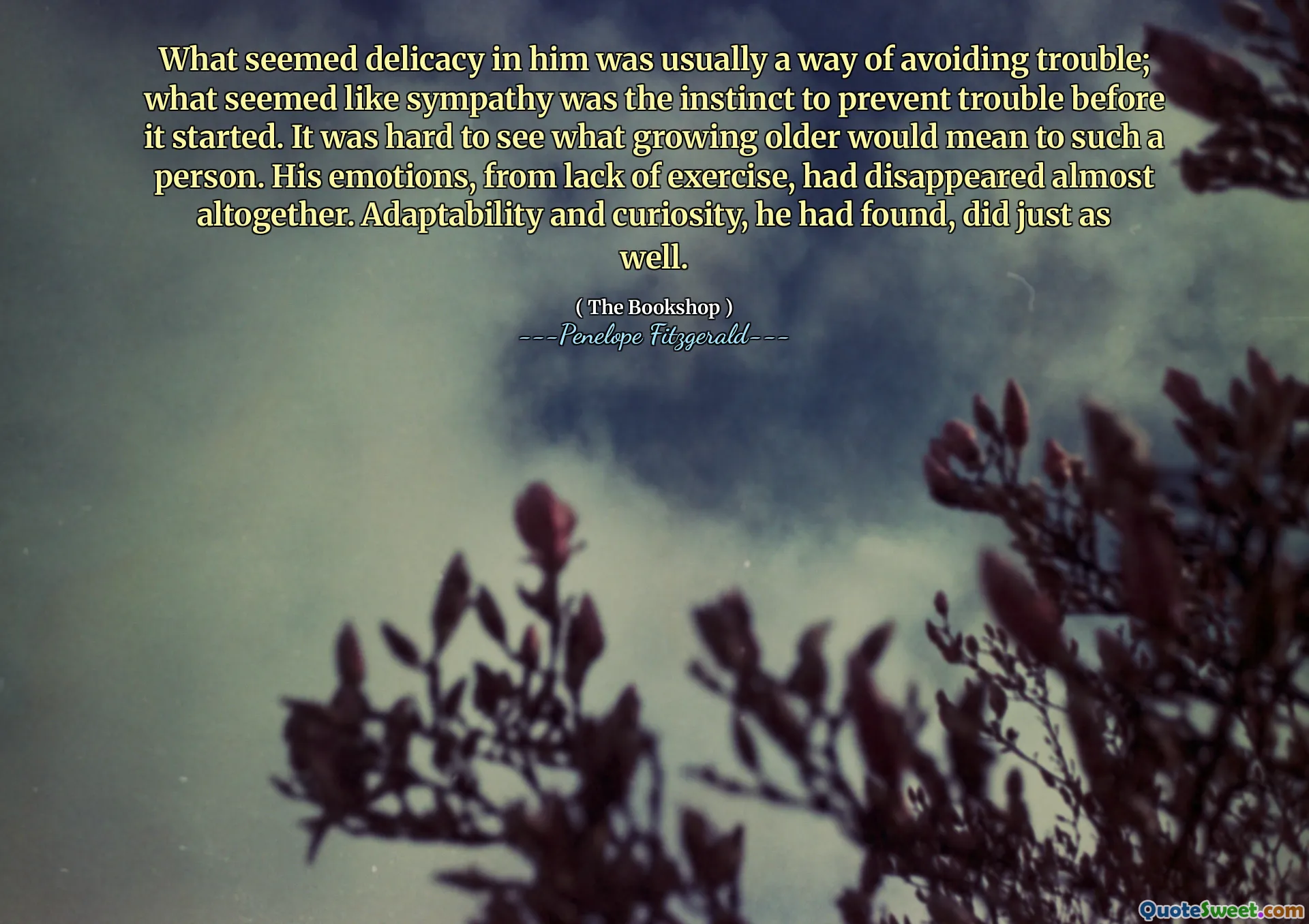 What seemed delicacy in him was usually a way of avoiding trouble; what seemed like sympathy was the instinct to prevent trouble before it started. It was hard to see what growing older would mean to such a person. His emotions, from lack of exercise, had disappeared almost altogether. Adaptability and curiosity, he had found, did just as well.