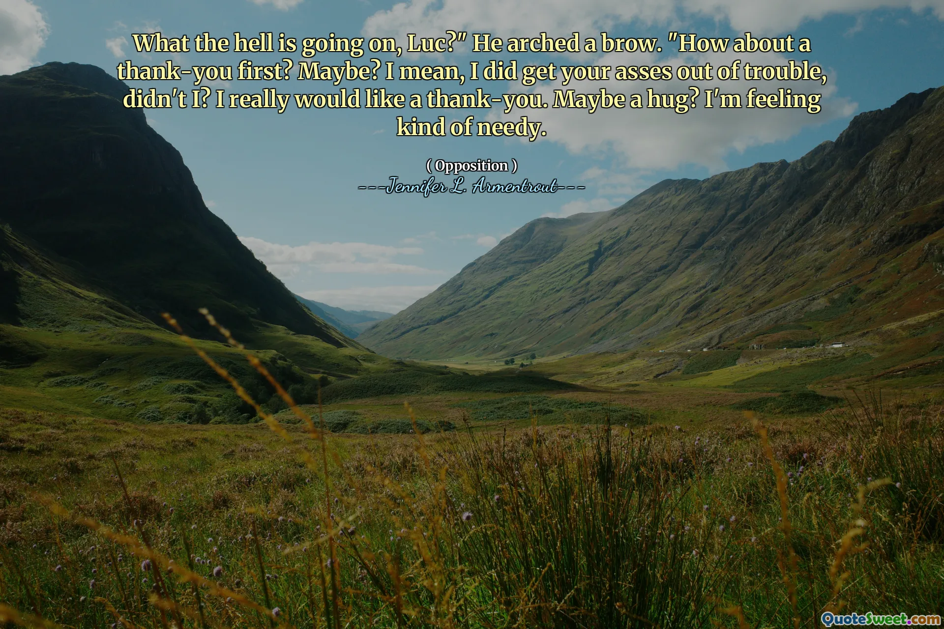 What the hell is going on, Luc?" He arched a brow. "How about a thank-you first? Maybe? I mean, I did get your asses out of trouble, didn't I? I really would like a thank-you. Maybe a hug? I'm feeling kind of needy.