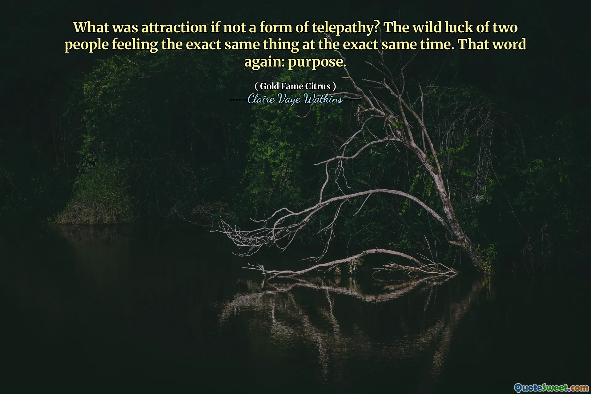 What was attraction if not a form of telepathy? The wild luck of two people feeling the exact same thing at the exact same time. That word again: purpose.