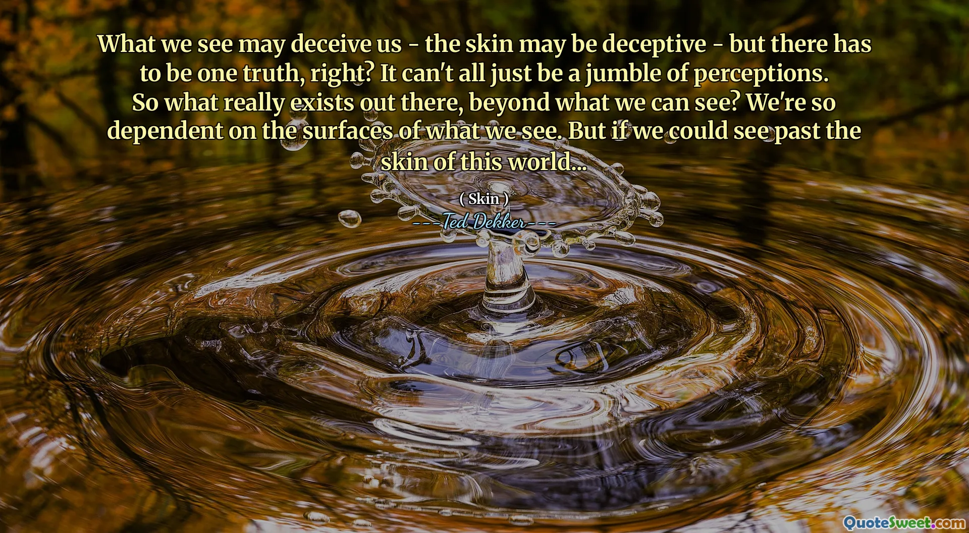 What we see may deceive us - the skin may be deceptive - but there has to be one truth, right? It can't all just be a jumble of perceptions. So what really exists out there, beyond what we can see? We're so dependent on the surfaces of what we see. But if we could see past the skin of this world...