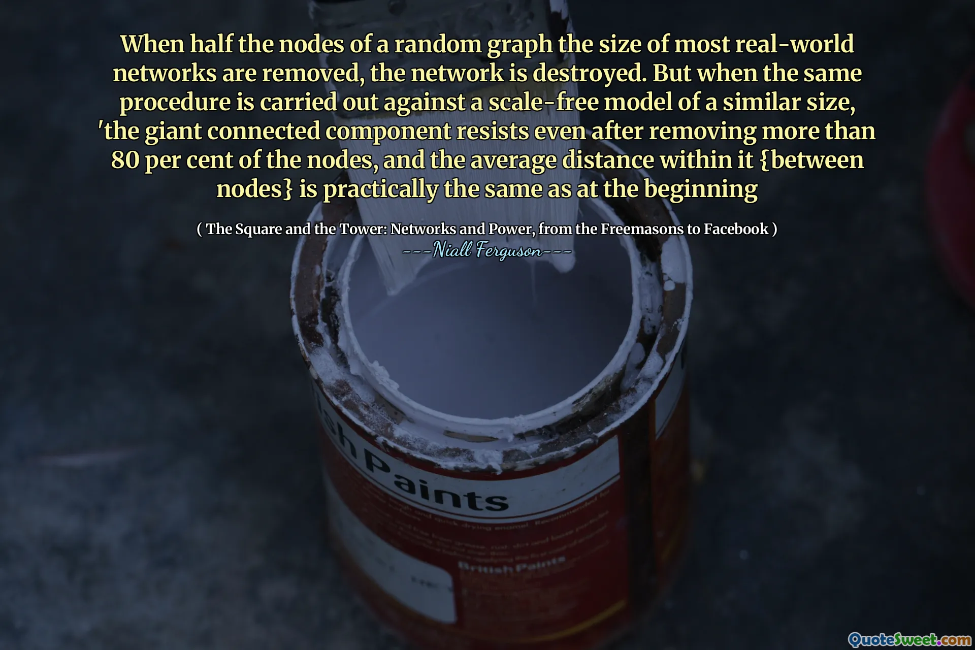 When half the nodes of a random graph the size of most real-world networks are removed, the network is destroyed. But when the same procedure is carried out against a scale-free model of a similar size, 'the giant connected component resists even after removing more than 80 per cent of the nodes, and the average distance within it {between nodes} is practically the same as at the beginning