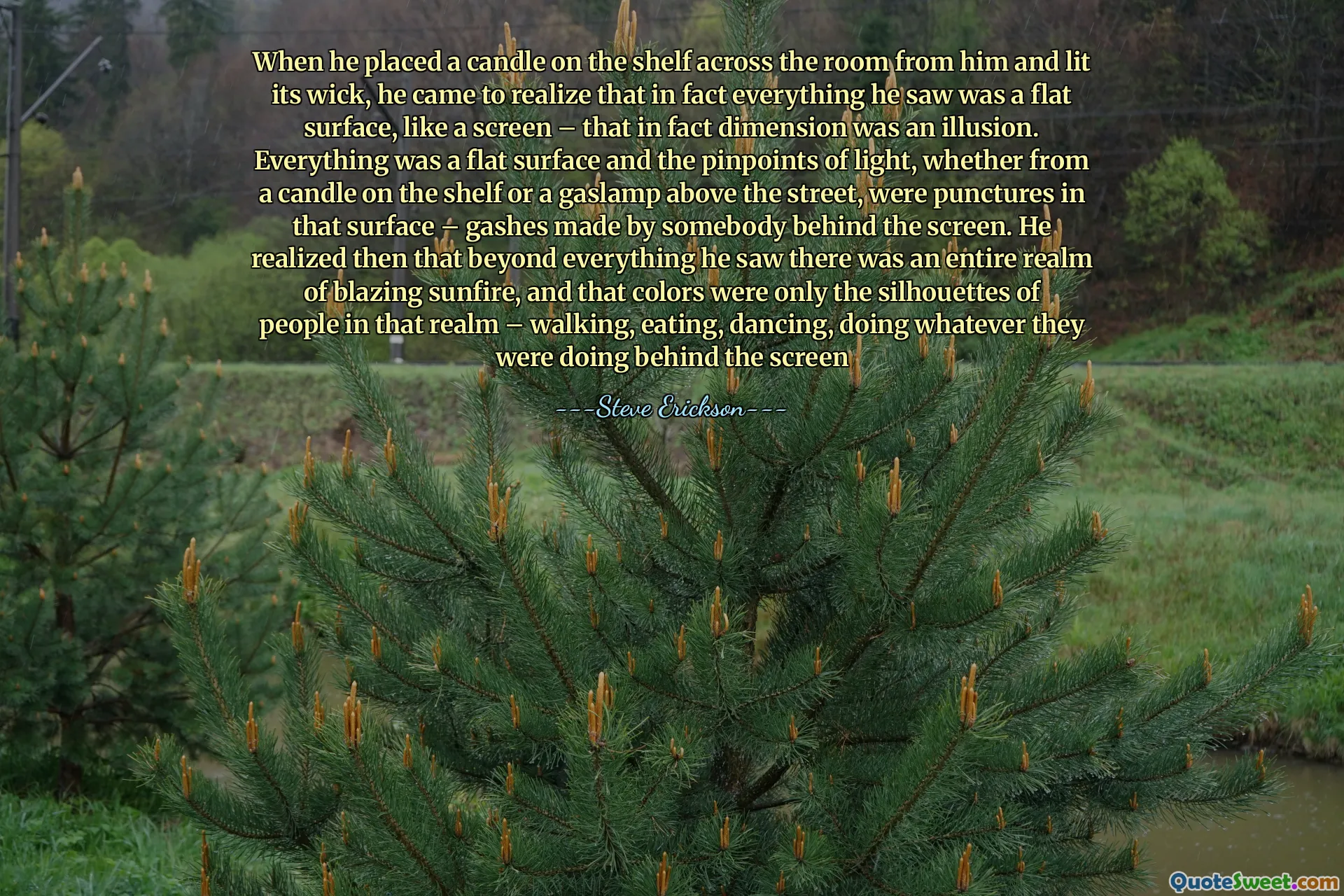 Khi anh ta đặt một ngọn nến trên kệ bên kia phòng và thắp bấc, anh ta nhận ra rằng trên thực tế, mọi thứ anh ta nhìn thấy là một bề mặt phẳng, giống như một màn hình - thực tế là chiều là một ảo ảnh. Tất cả mọi thứ là một bề mặt phẳng và các chính xác ánh sáng, cho dù từ một ngọn nến trên kệ hay một khí gas trên đường, là những vết thủng trên bề mặt đó - những vết thương do ai đó đứng sau màn hình. Sau đó, anh nhận ra rằng vượt ra ngoài tất cả những gì anh thấy có toàn bộ vương quốc rực rỡ, và màu sắc đó chỉ là hình bóng của những người trong cõi đó - đi bộ, ăn uống, nhảy, làm bất cứ điều gì họ đang làm đằng sau màn hình