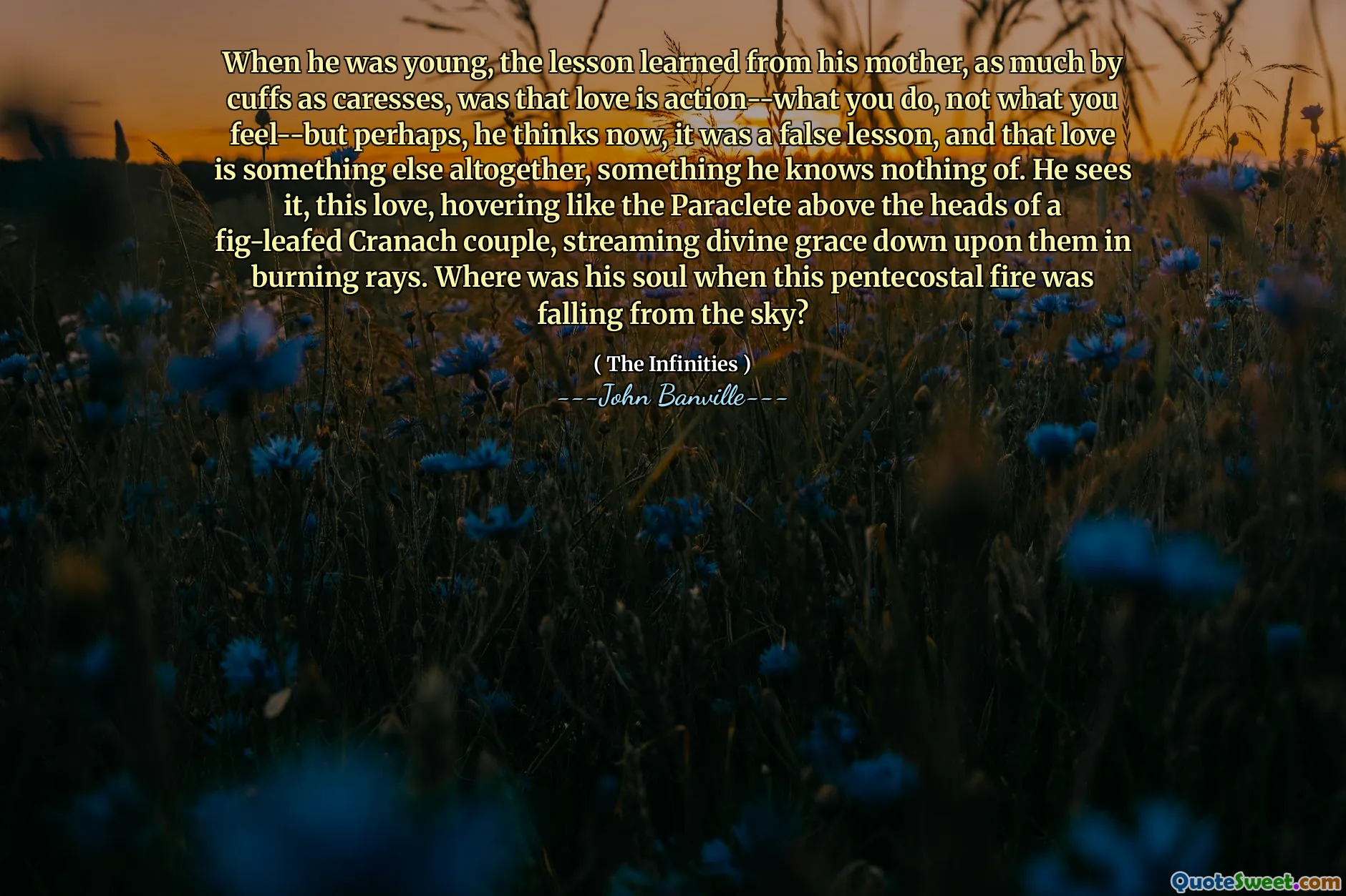 When he was young, the lesson learned from his mother, as much by cuffs as caresses, was that love is action--what you do, not what you feel--but perhaps, he thinks now, it was a false lesson, and that love is something else altogether, something he knows nothing of. He sees it, this love, hovering like the Paraclete above the heads of a fig-leafed Cranach couple, streaming divine grace down upon them in burning rays. Where was his soul when this pentecostal fire was falling from the sky?