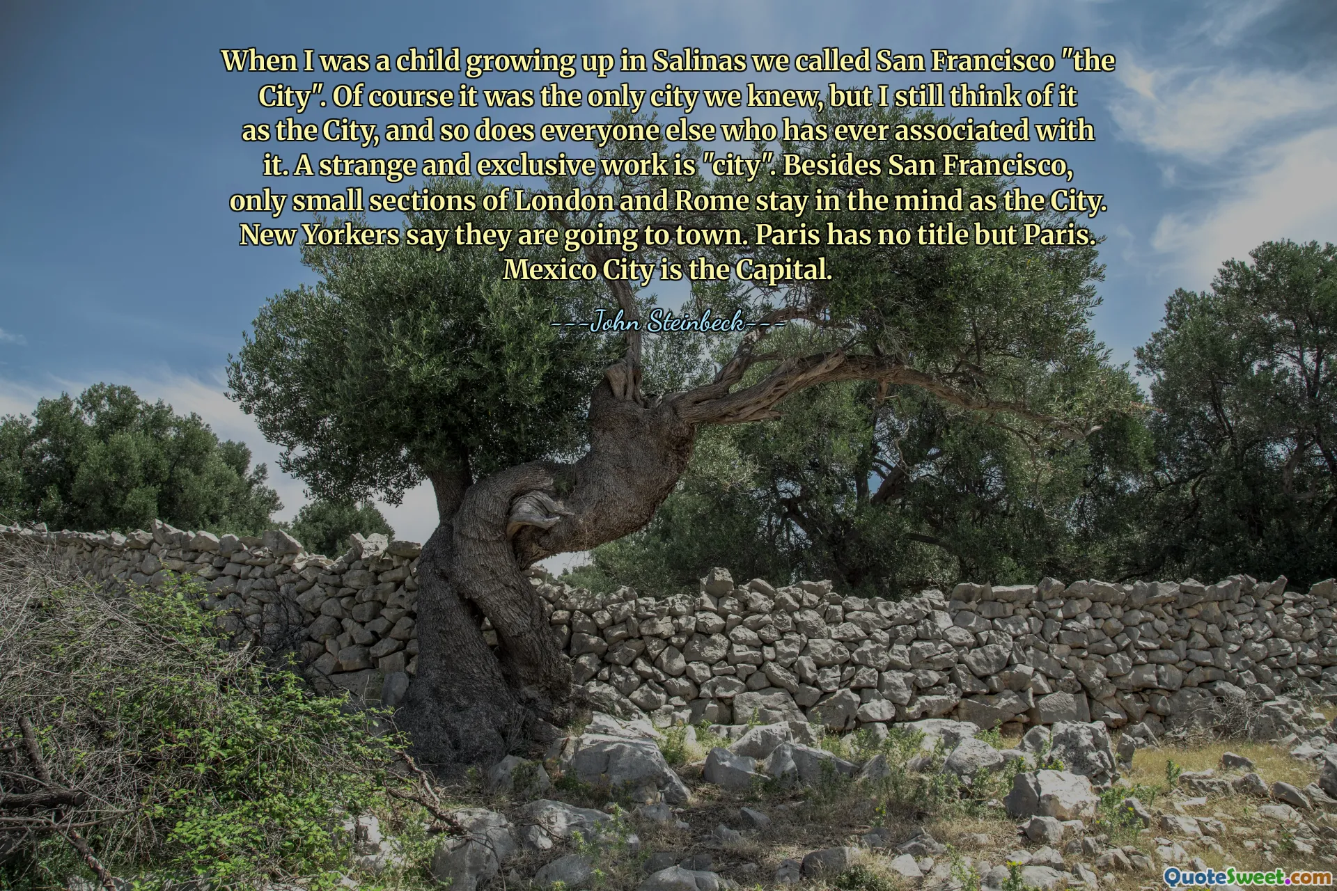 When I was a child growing up in Salinas we called San Francisco "the City". Of course it was the only city we knew, but I still think of it as the City, and so does everyone else who has ever associated with it. A strange and exclusive work is "city". Besides San Francisco, only small sections of London and Rome stay in the mind as the City. New Yorkers say they are going to town. Paris has no title but Paris. Mexico City is the Capital.