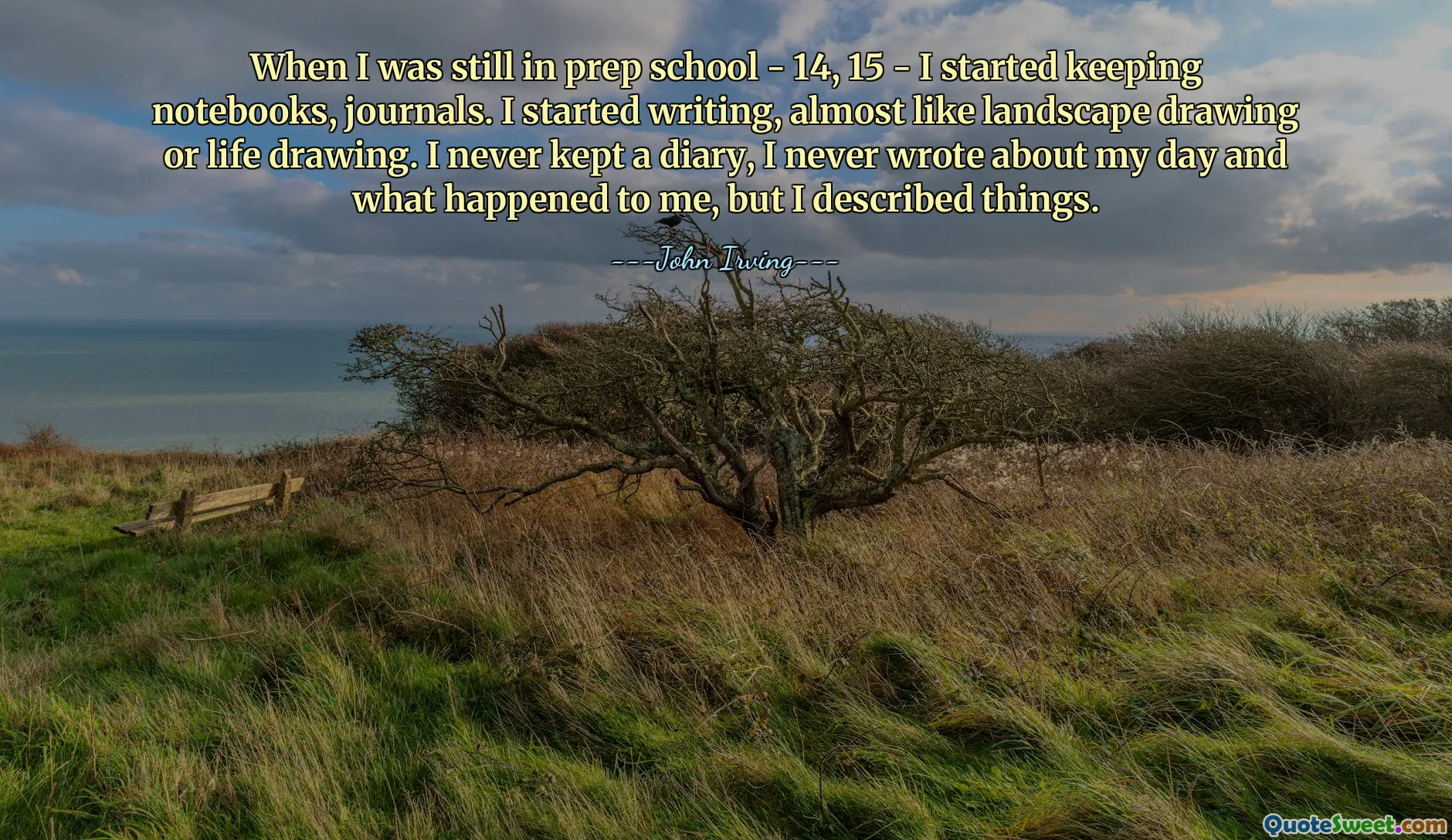 When I was still in prep school - 14, 15 - I started keeping notebooks, journals. I started writing, almost like landscape drawing or life drawing. I never kept a diary, I never wrote about my day and what happened to me, but I described things.