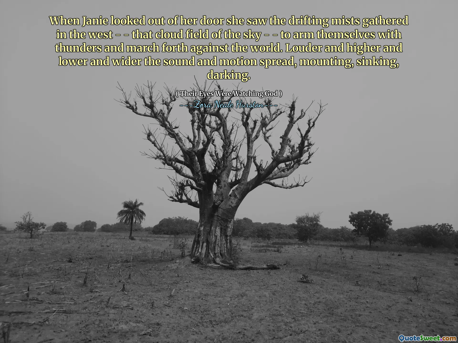 When Janie looked out of her door she saw the drifting mists gathered in the west - - that cloud field of the sky - - to arm themselves with thunders and march forth against the world. Louder and higher and lower and wider the sound and motion spread, mounting, sinking, darking.